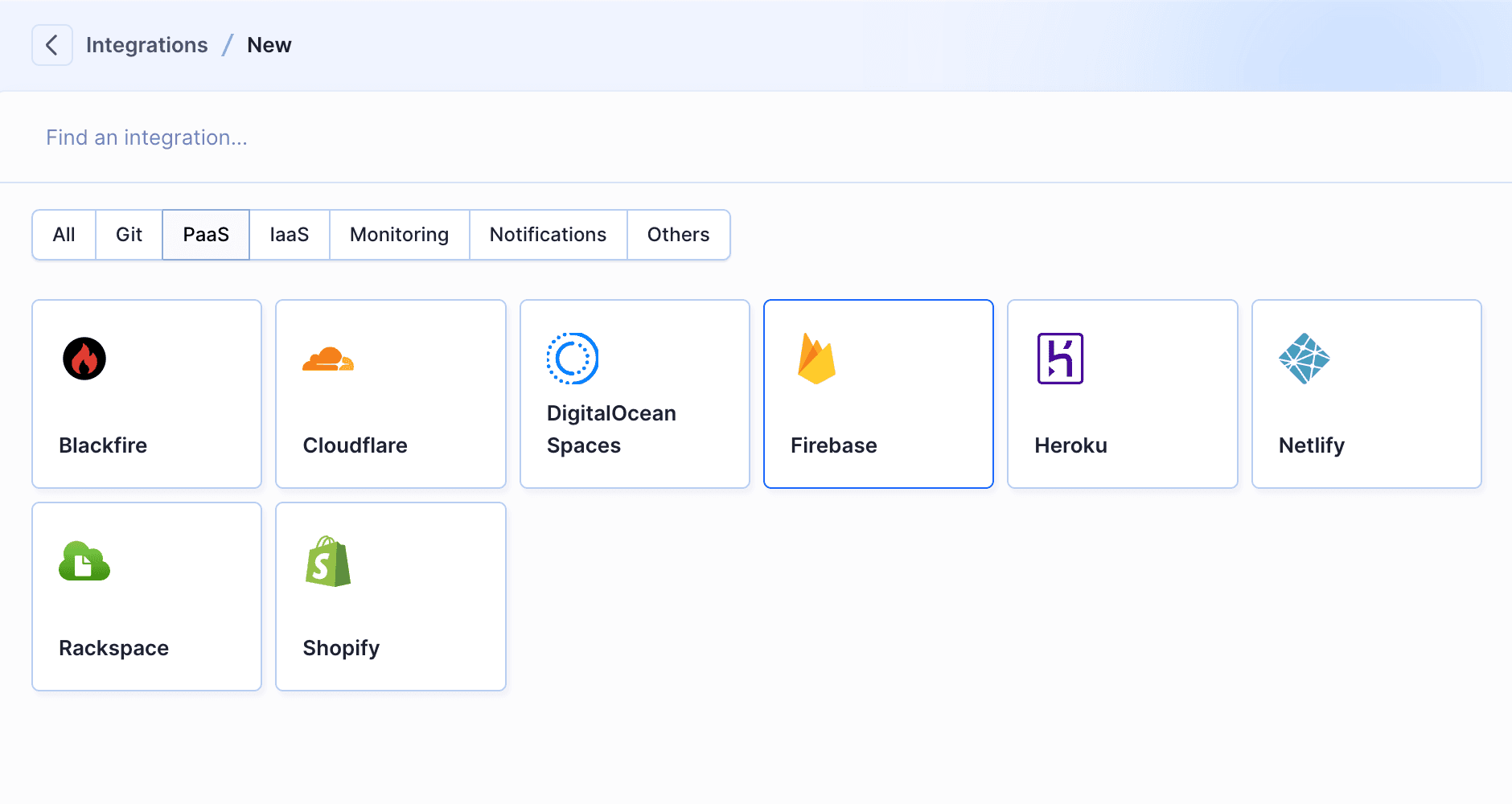 Firebase integration selection