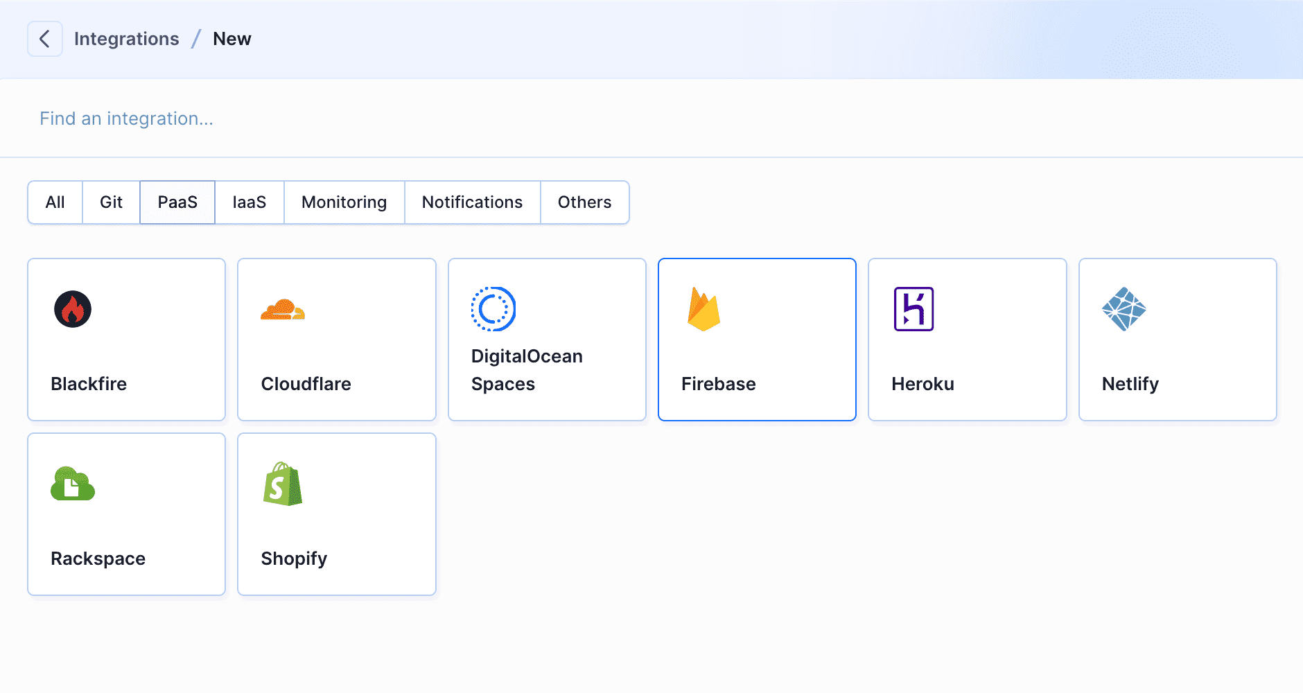 Firebase integration selection