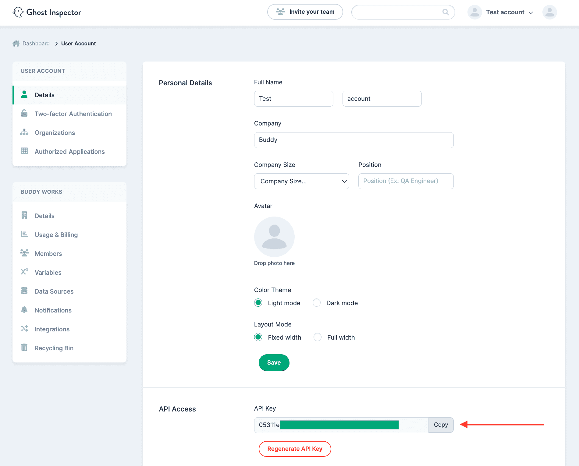 API Key location in Ghost Inspector account