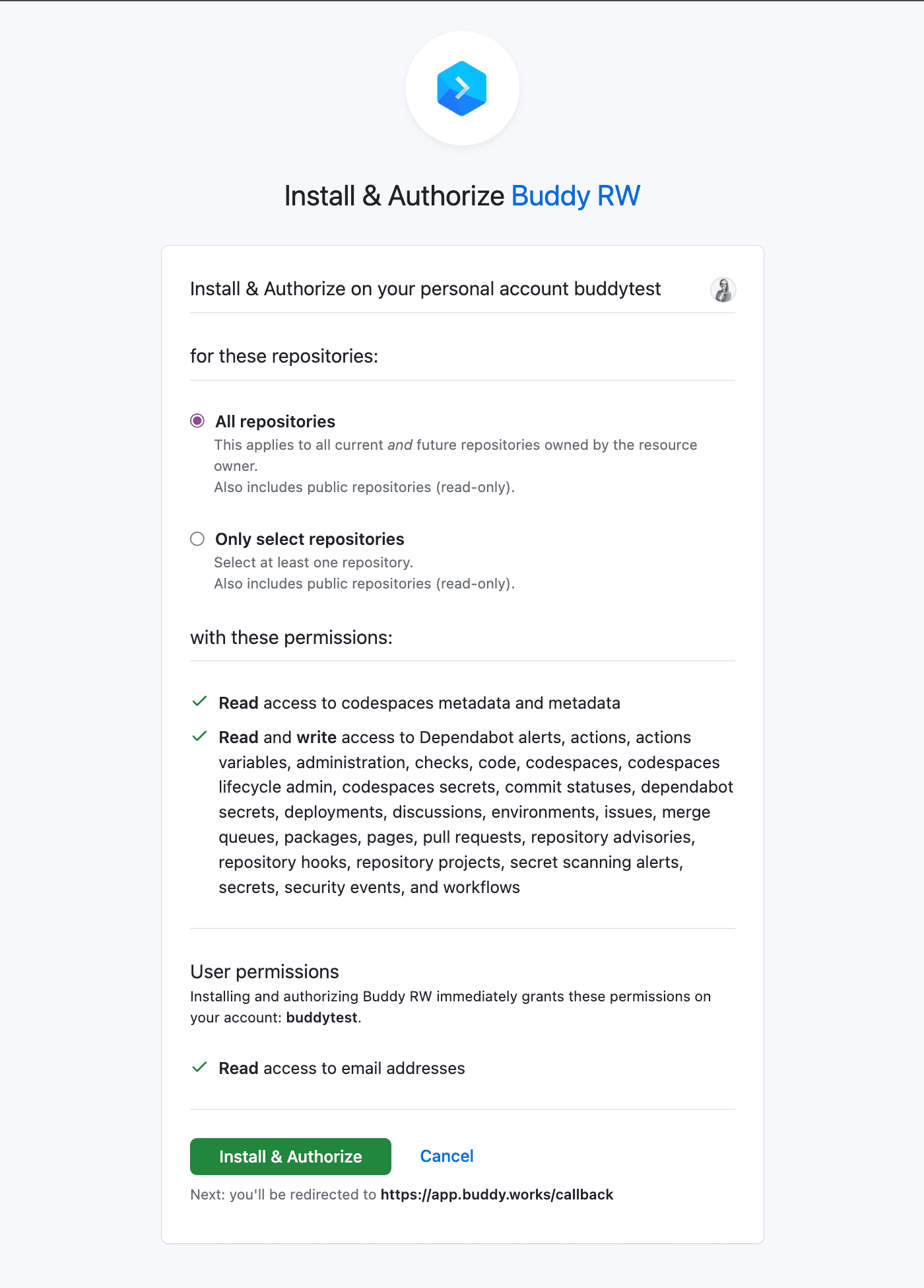 Selecting the scope of GitHub repository access