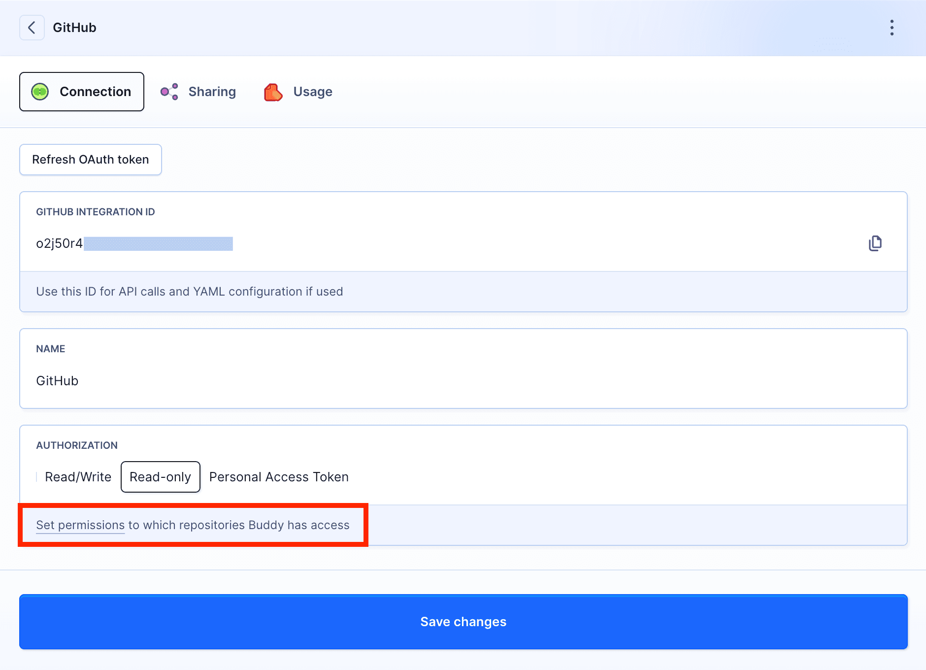 Integration settings in Buddy