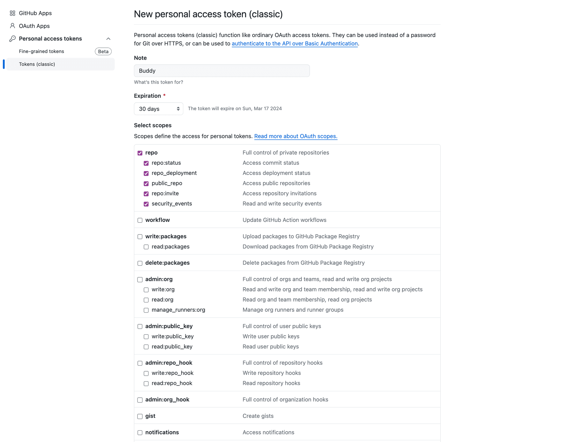 Obtaining personal access token from GitHub