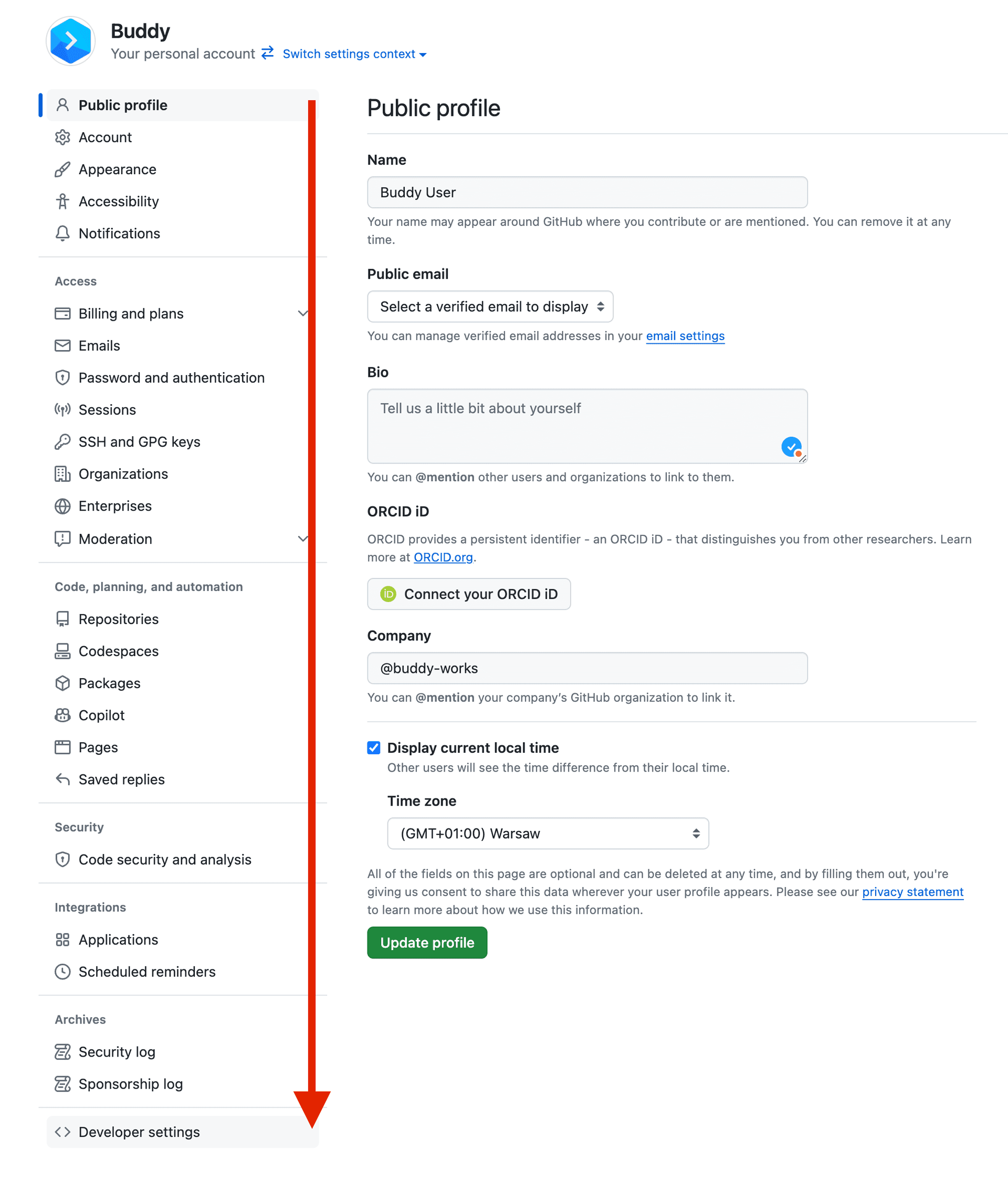 Developer settings location in GitHub