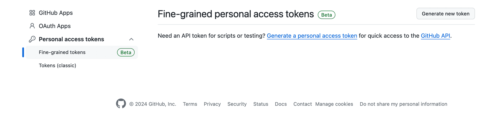Generating new fine-grained token in GitHub
