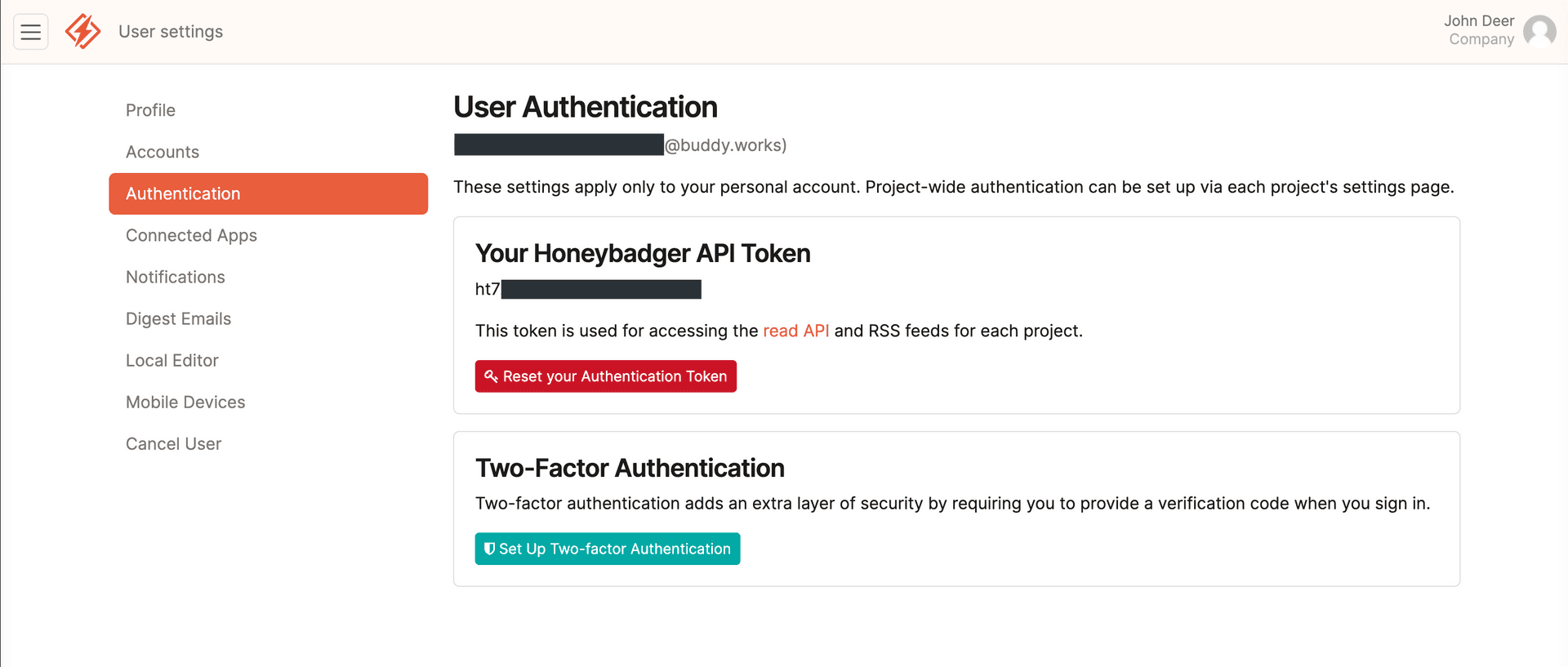 Honeybadger API Token location