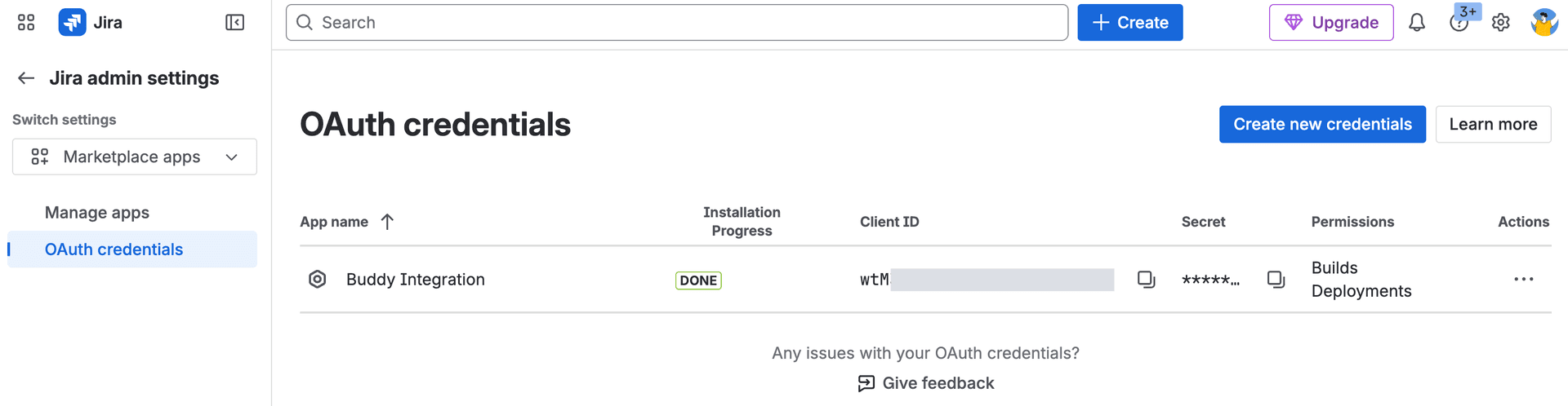 OAuth credentials list with Client ID and Secret