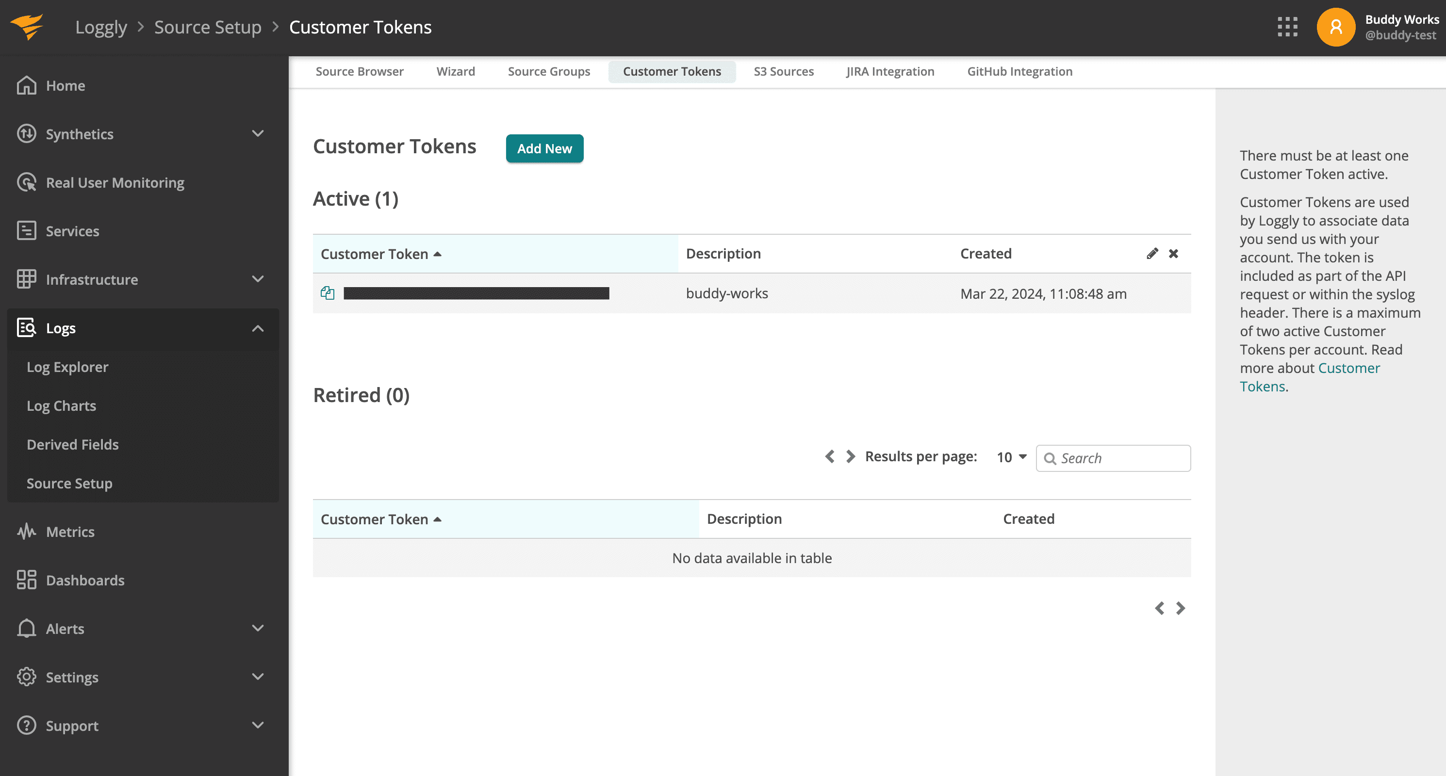 Loggly customer token location