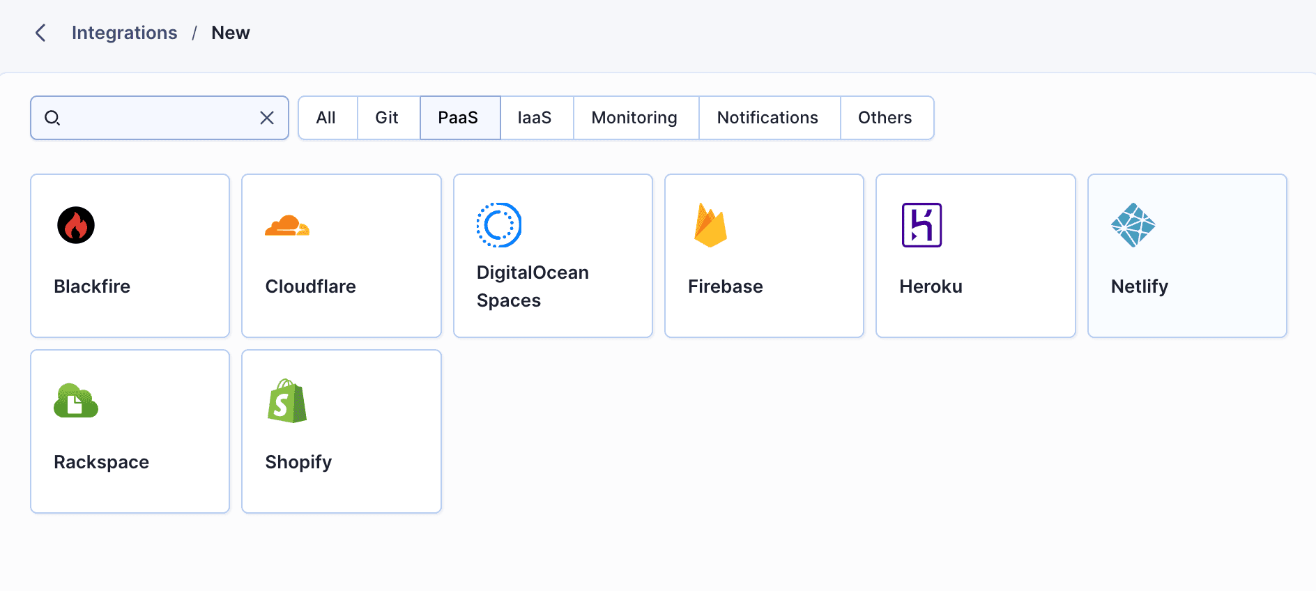 Netlify integration selection