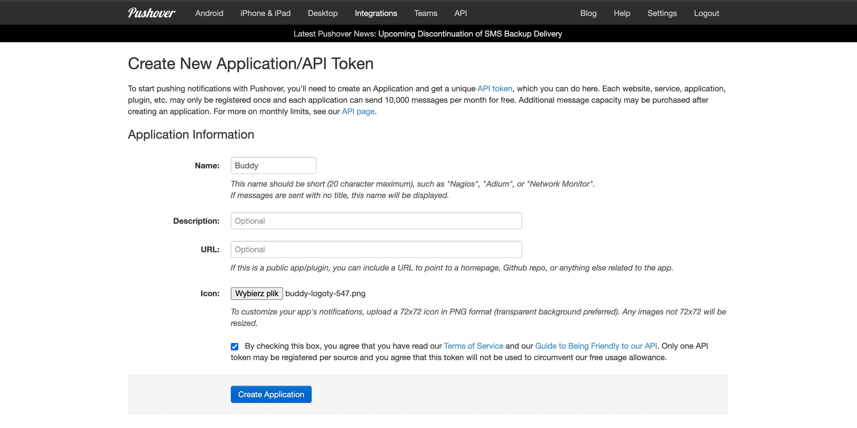 Creating application in Pushover