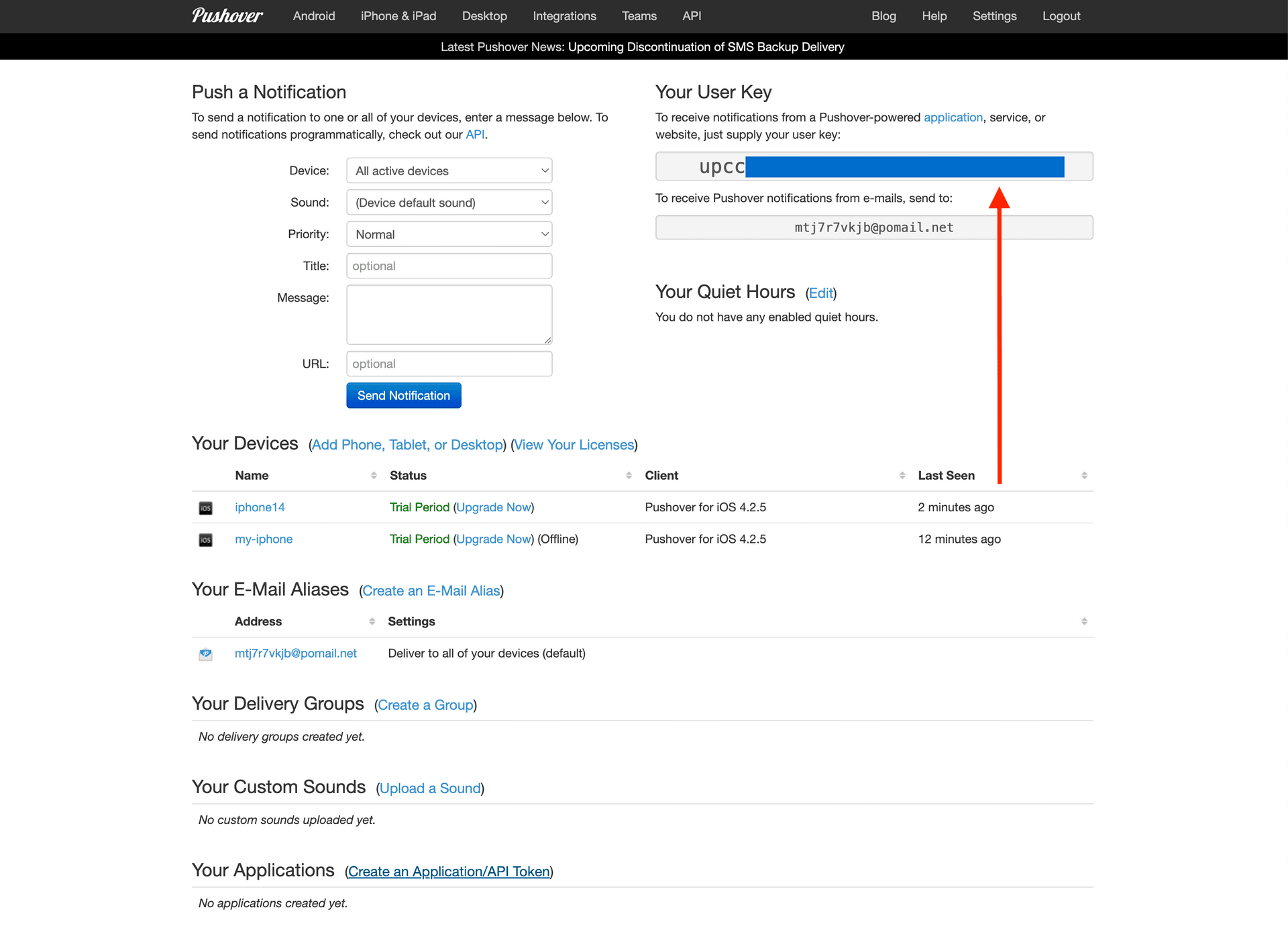 User Key in Pushover dashboard