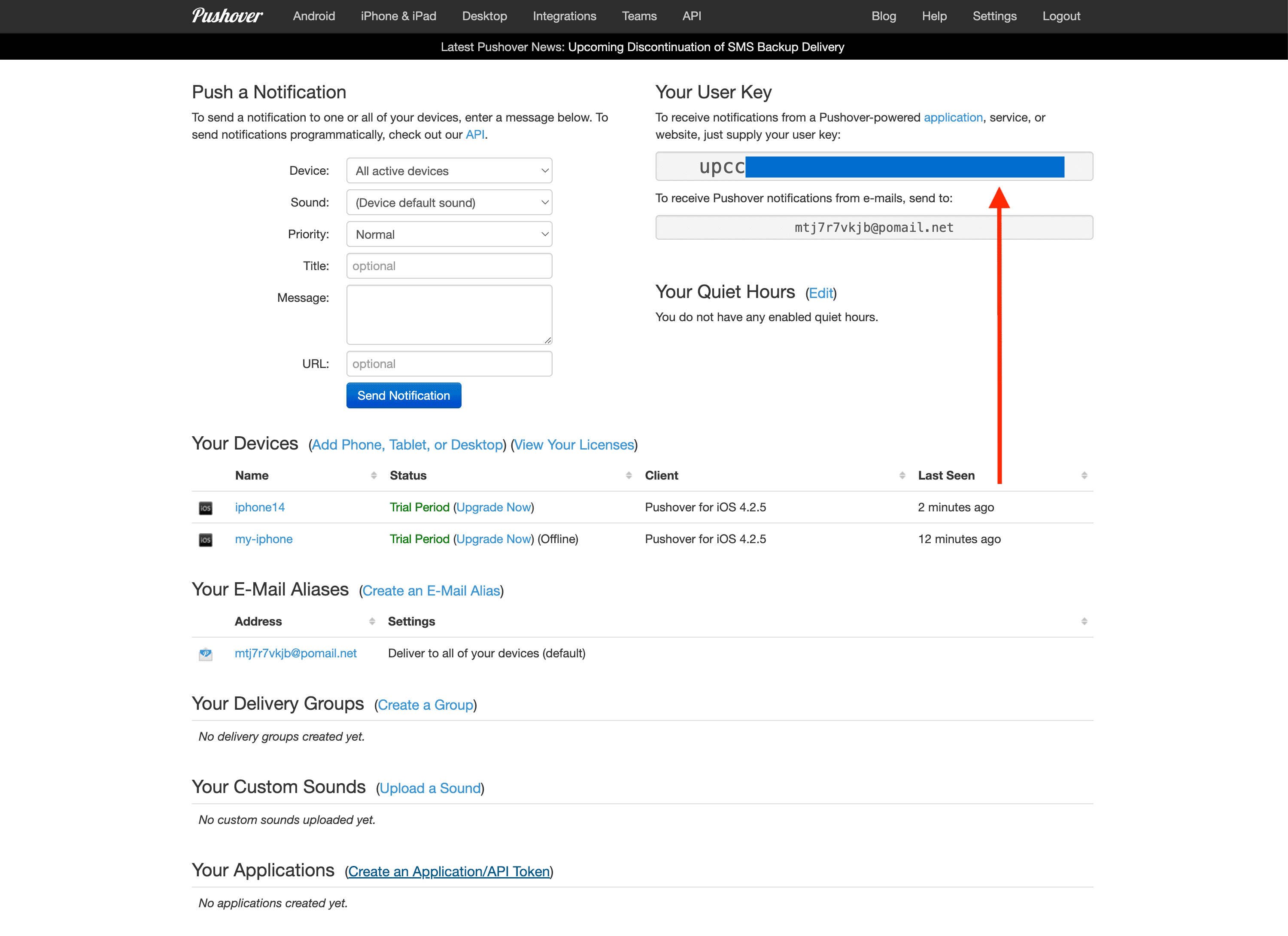 User Key in Pushover dashboard