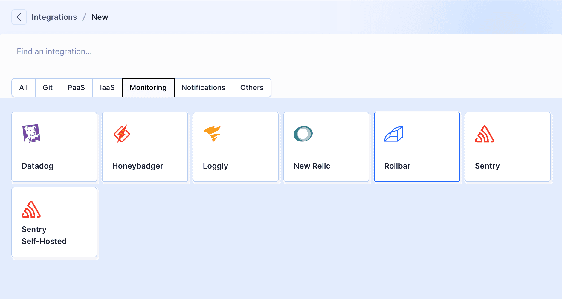 Rollbar integration selection