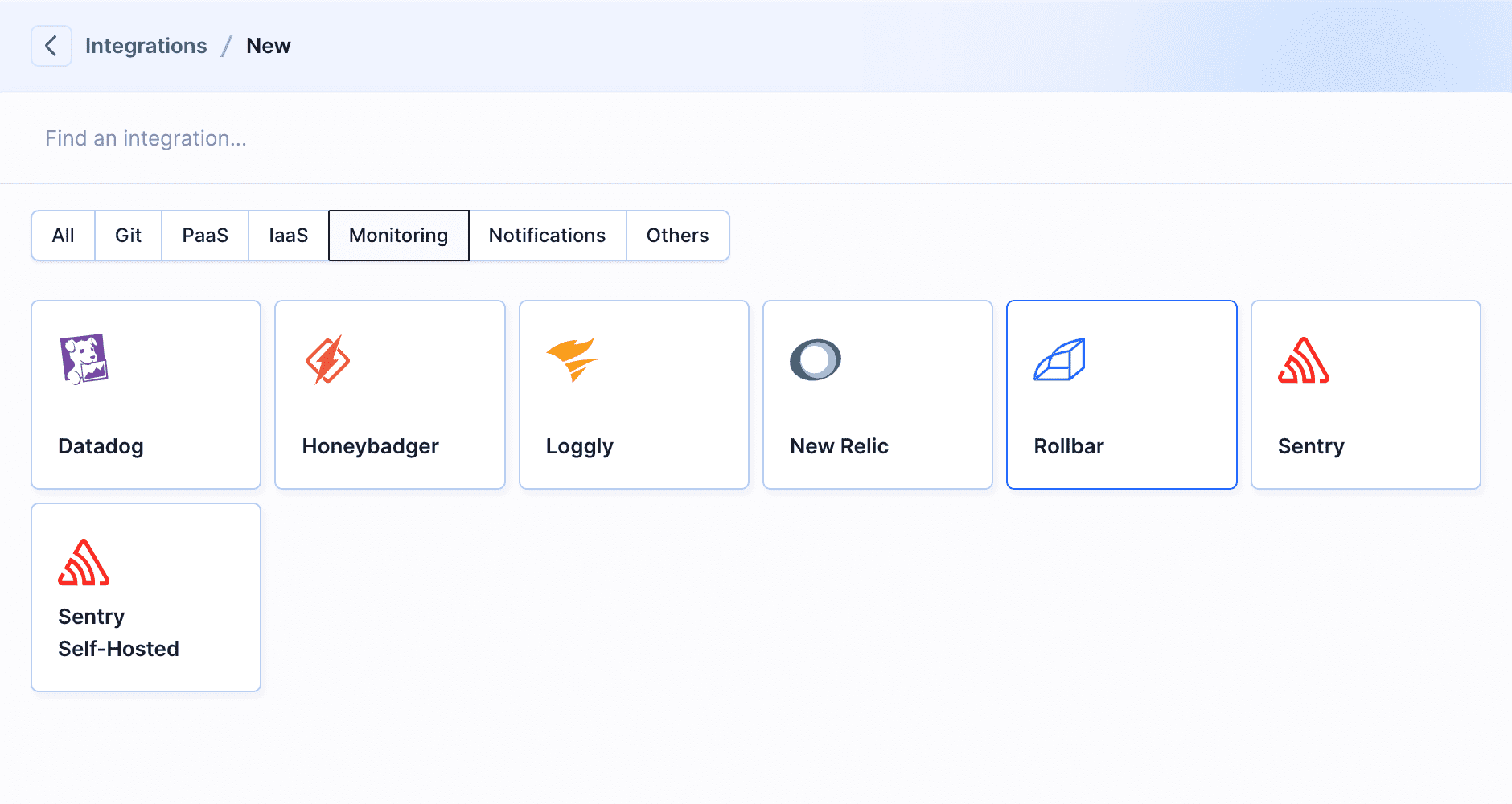 Rollbar integration selection