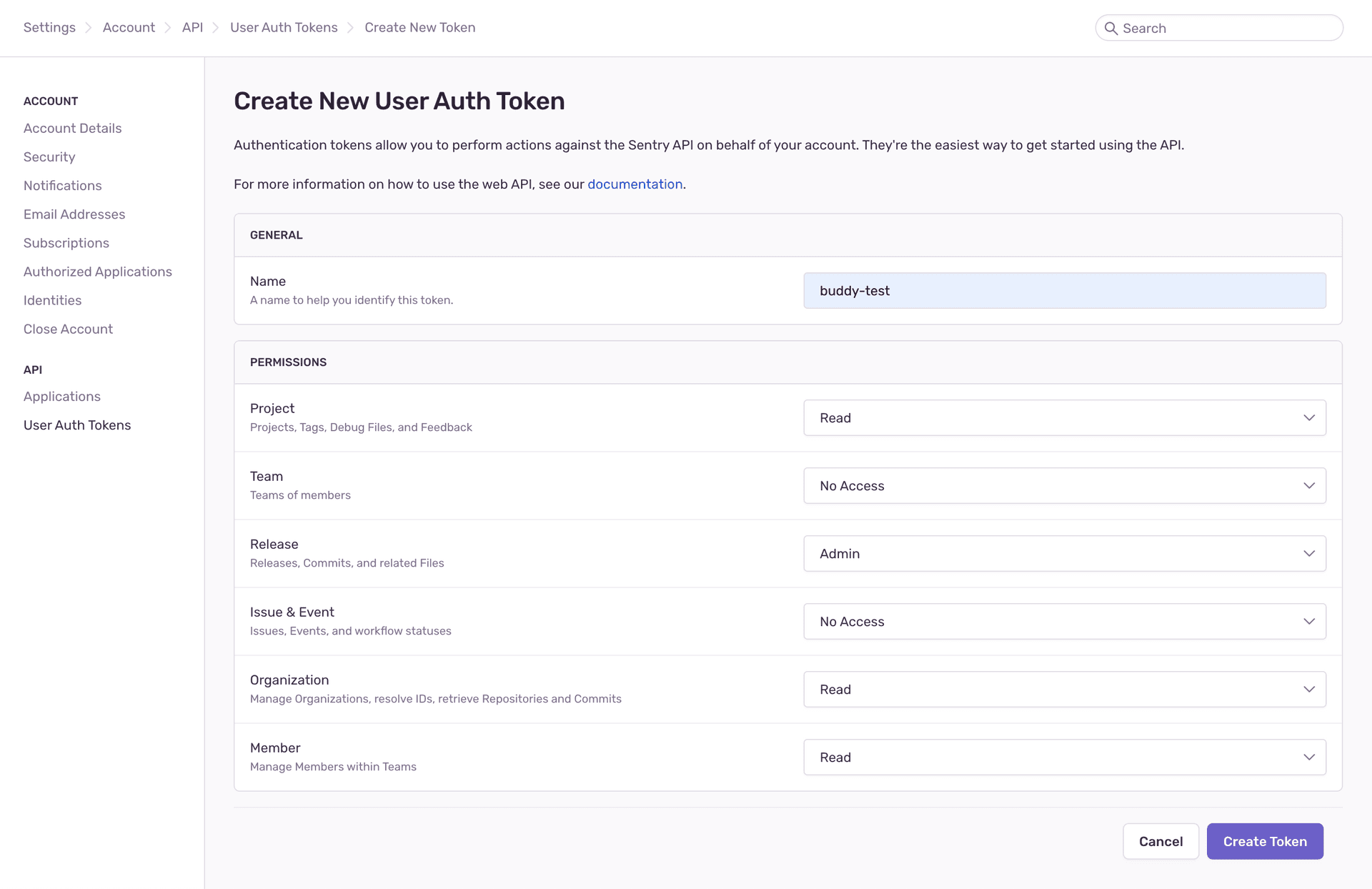 Defining new token in Sentry