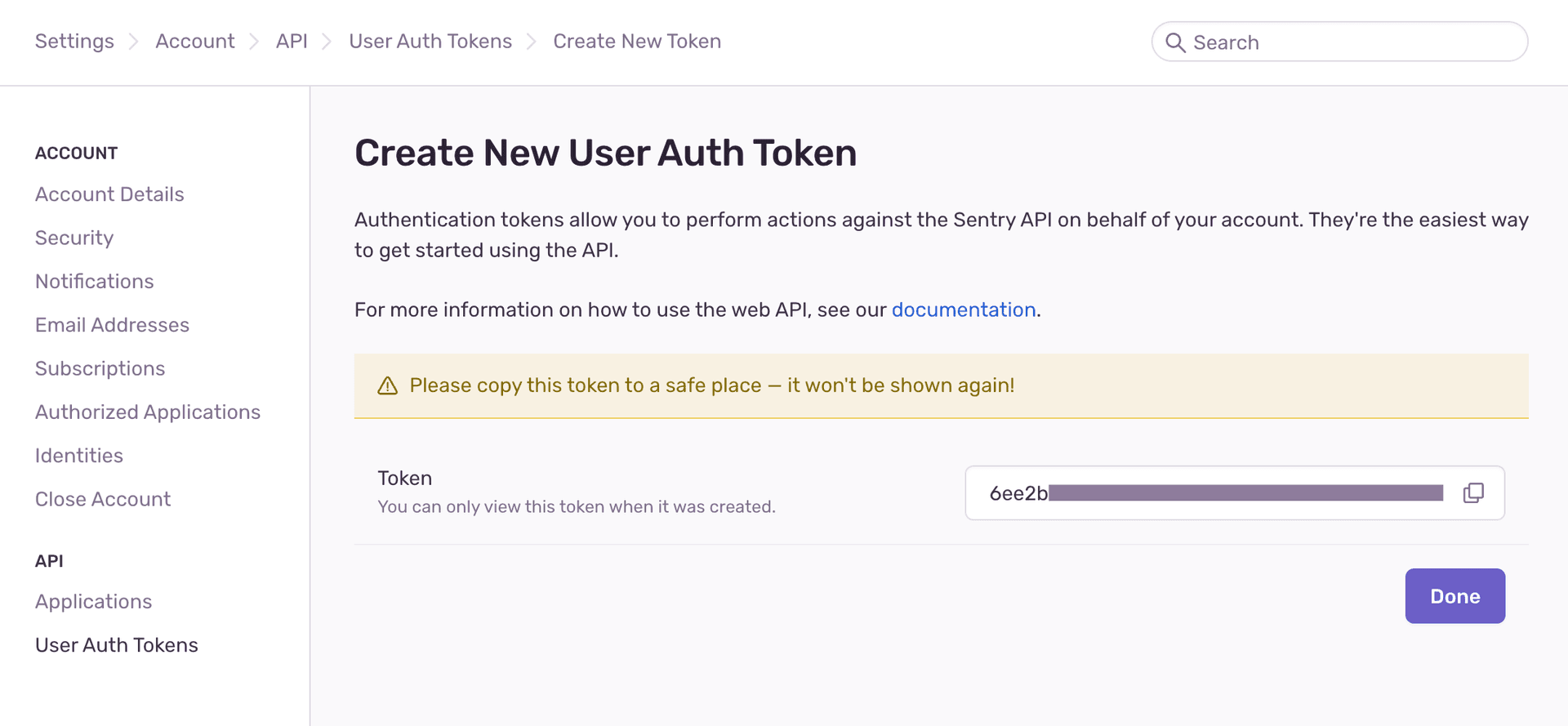 User auth token in Sentry