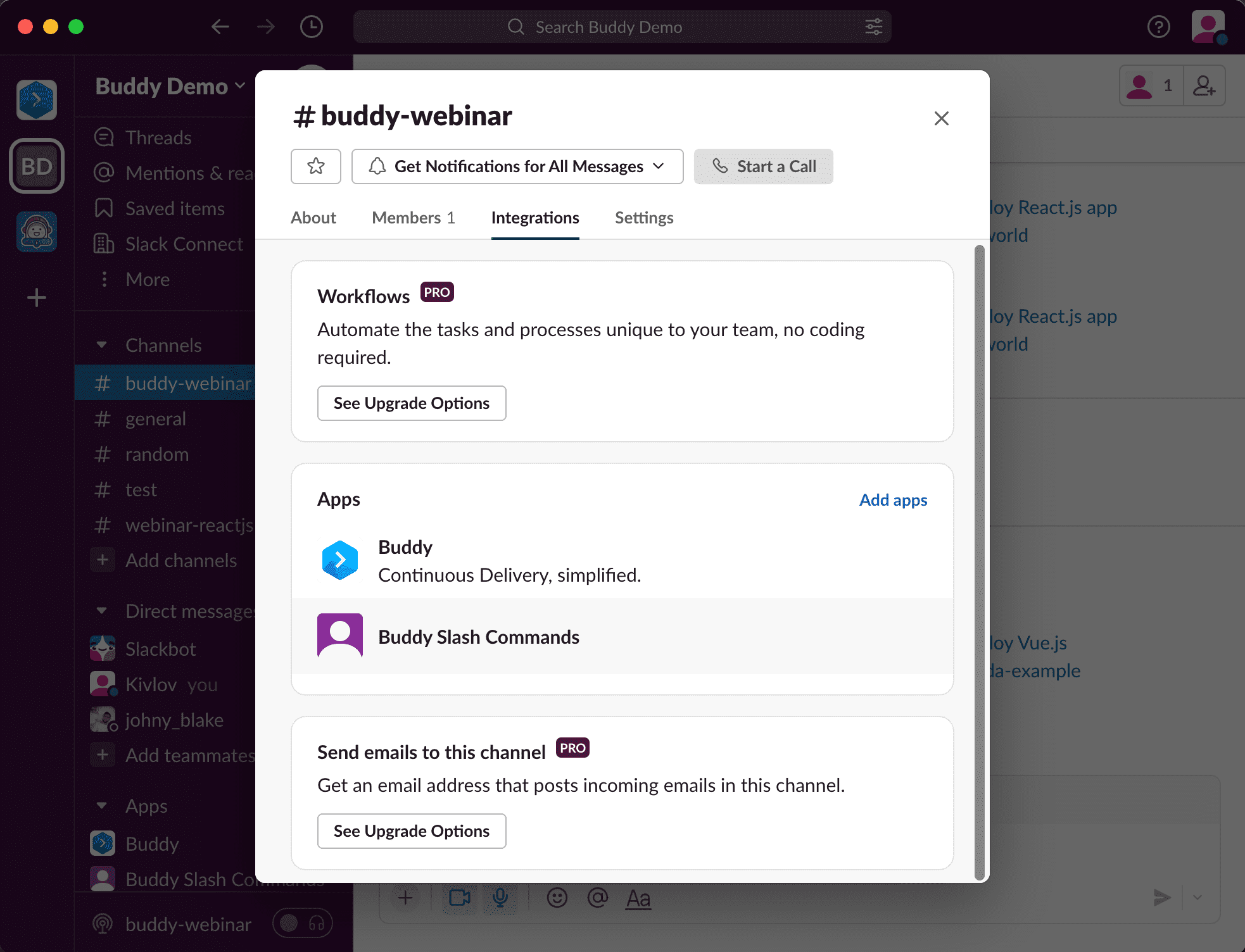 Slack channel details with slash commands app