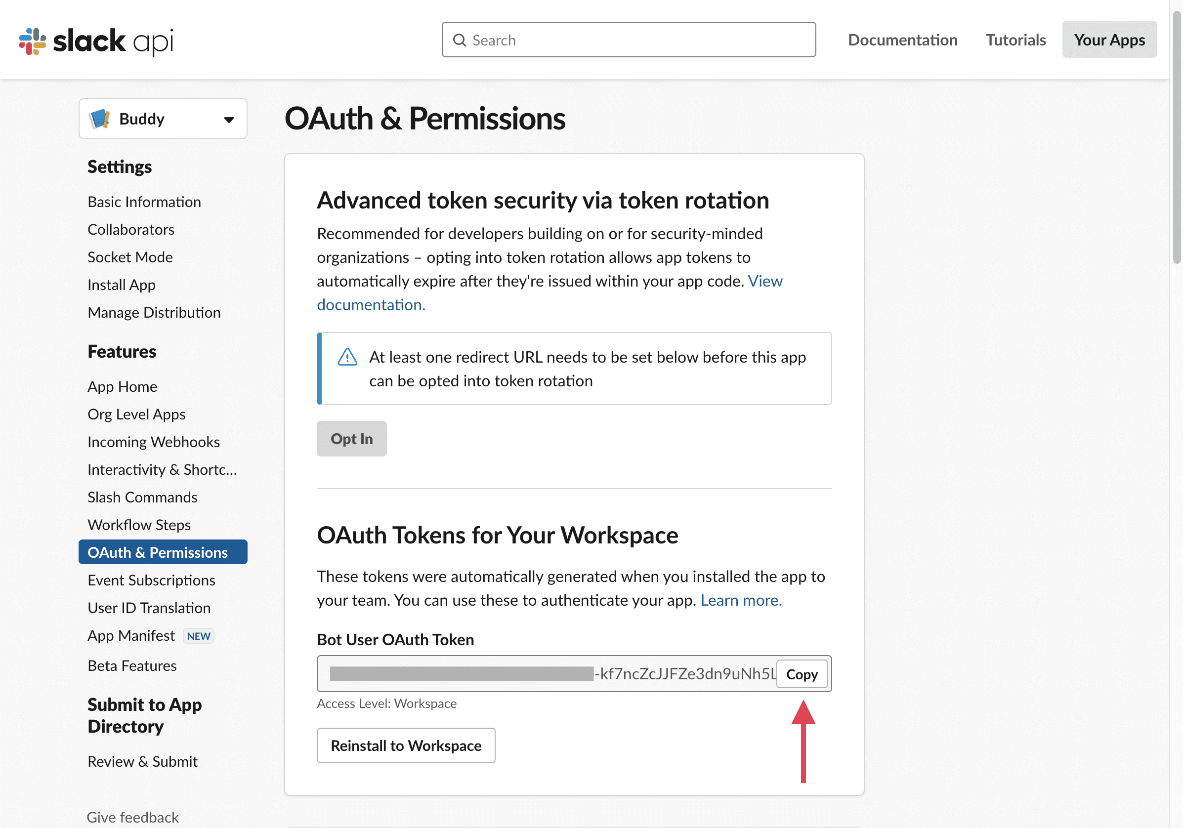 Bot user OAuth token location