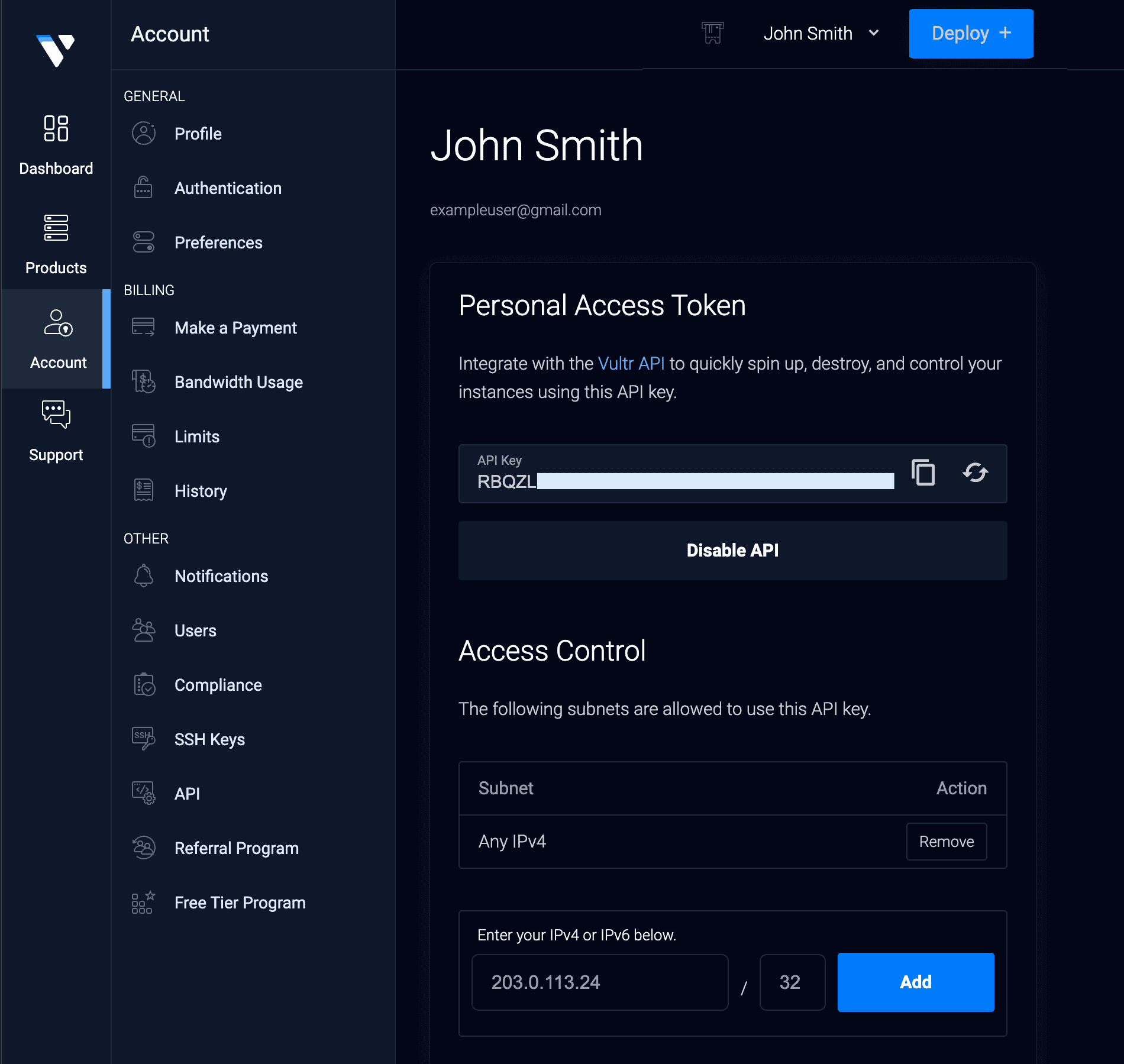 Getting Vultr personal access token