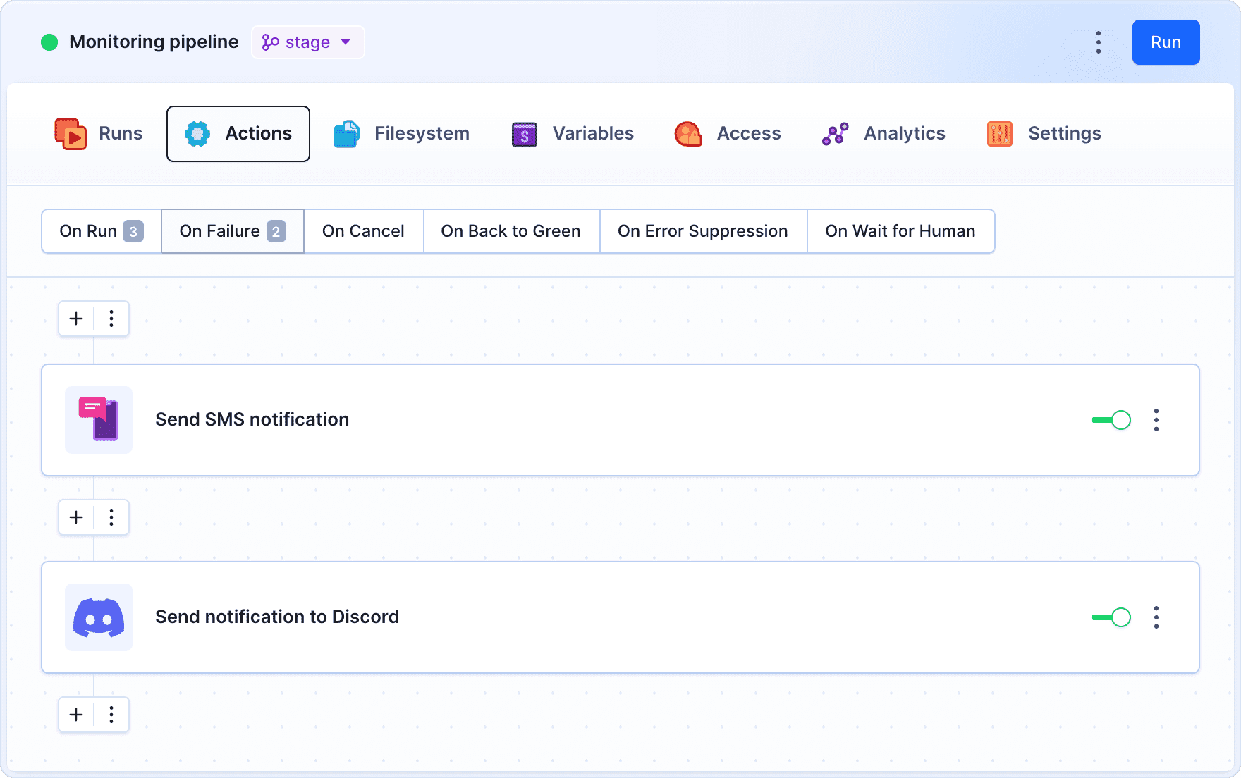 Example actions run on a monitoring issue