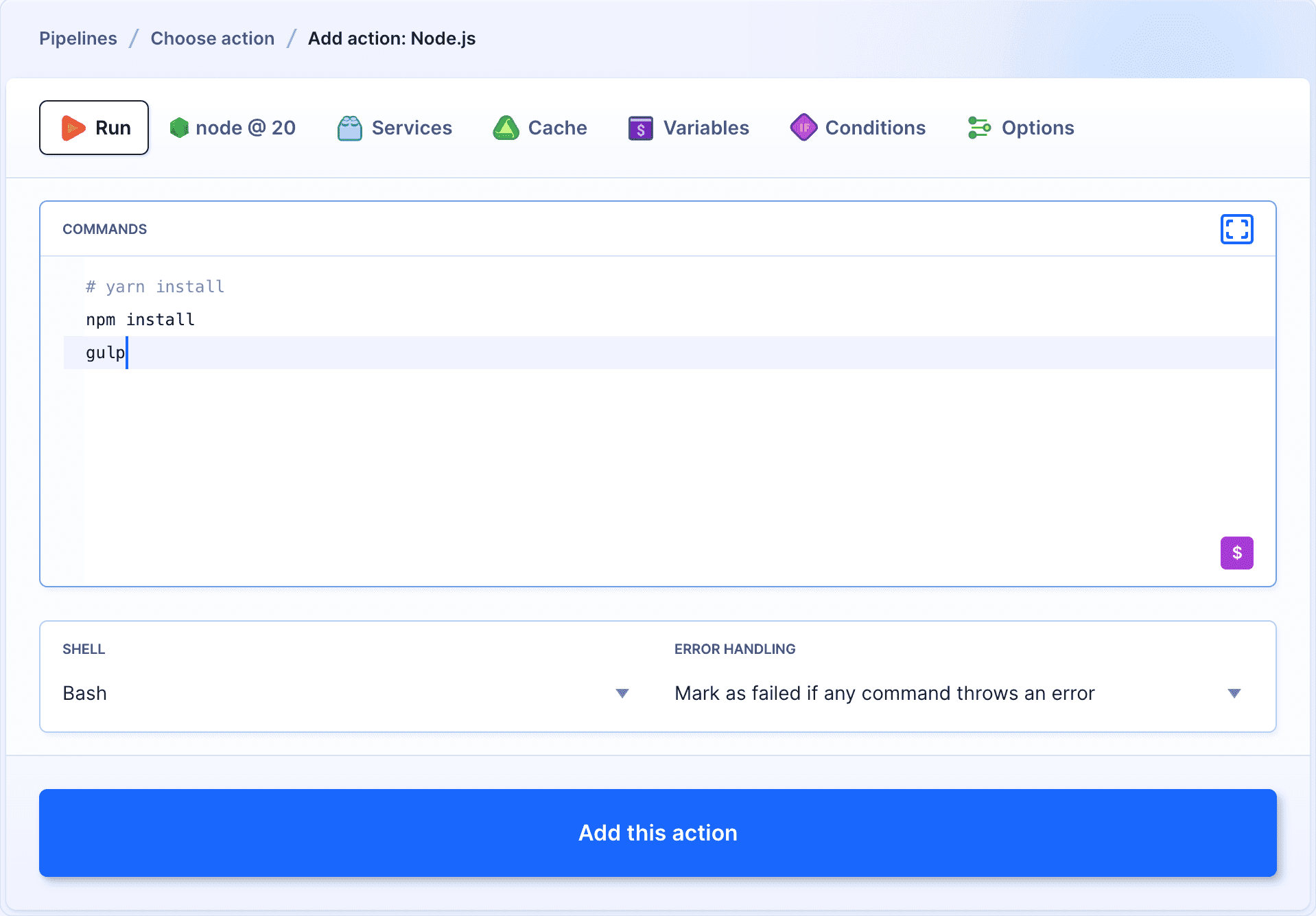 Node action with gulp command