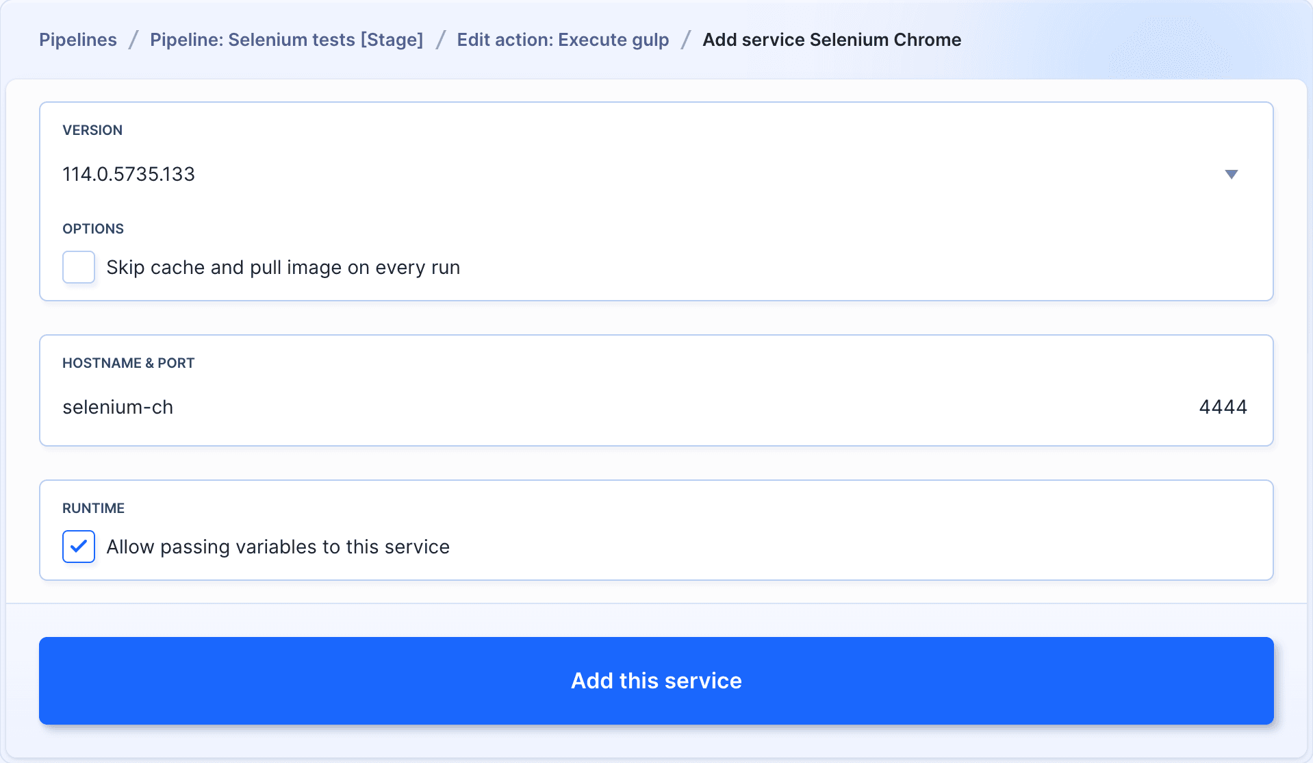 Selenium service configuration