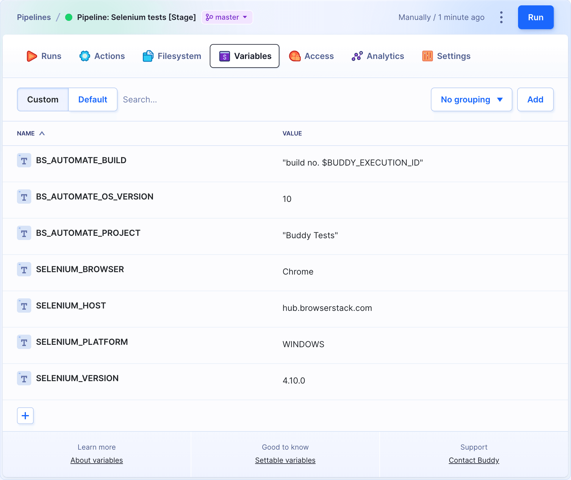 Pipeline variables tab