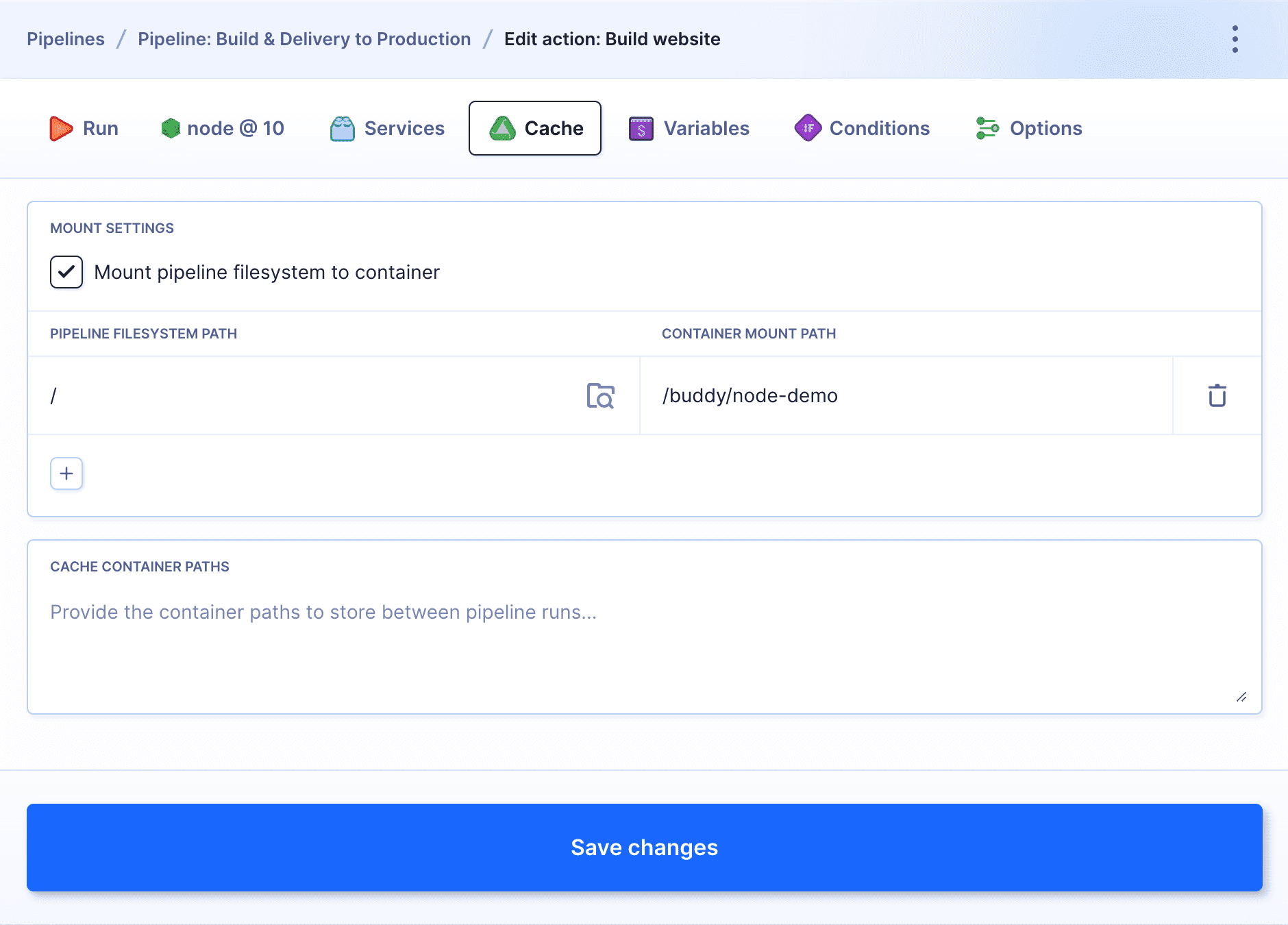 Cache tab in Node action