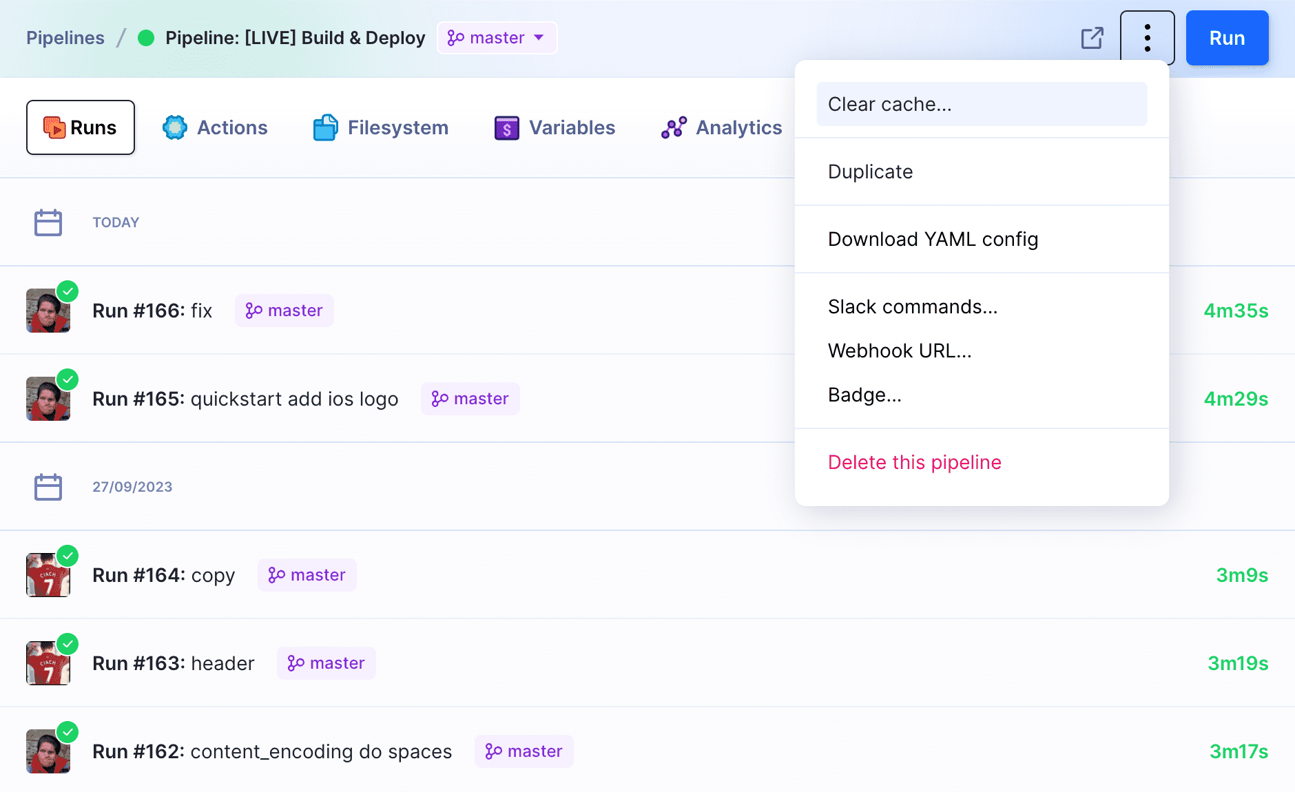 Clear cache in pipeline options