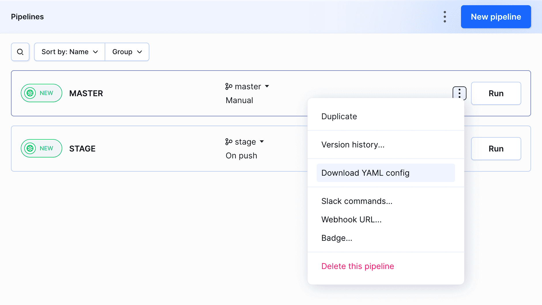 Exporting configuration of a single pipeline