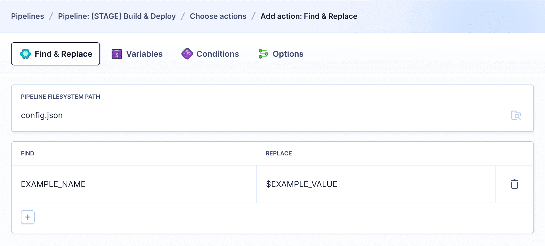 Find and Replace action configuration