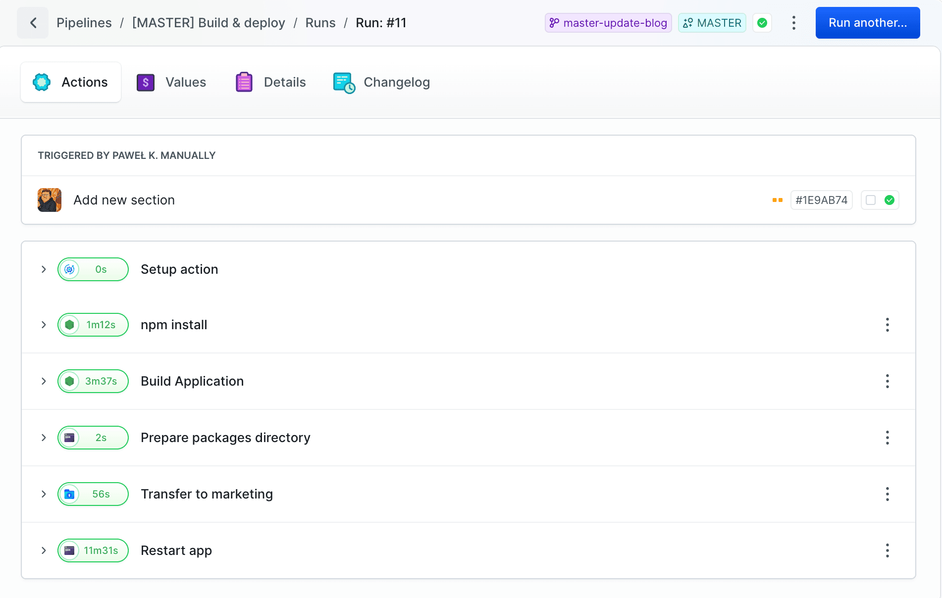 Actions tab with detailed logs