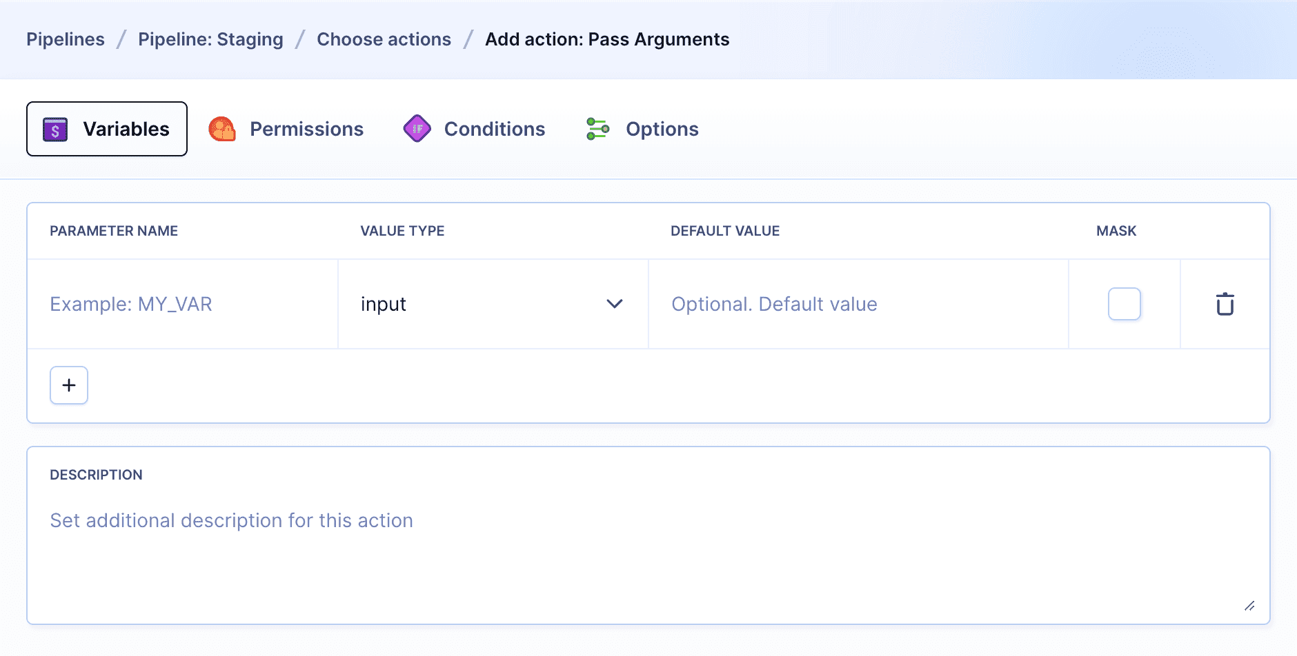 Pass arguments action details