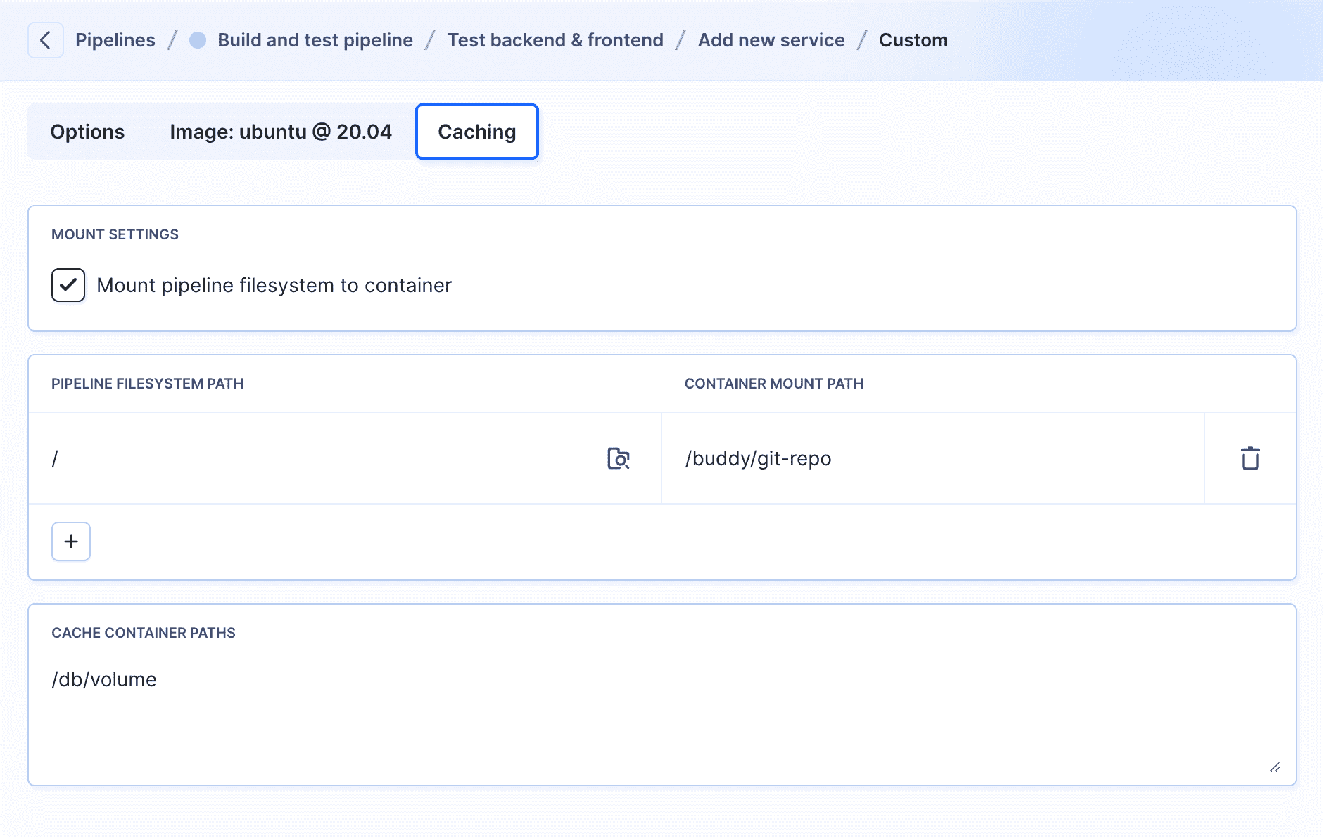 Caching tab in custom service configuration