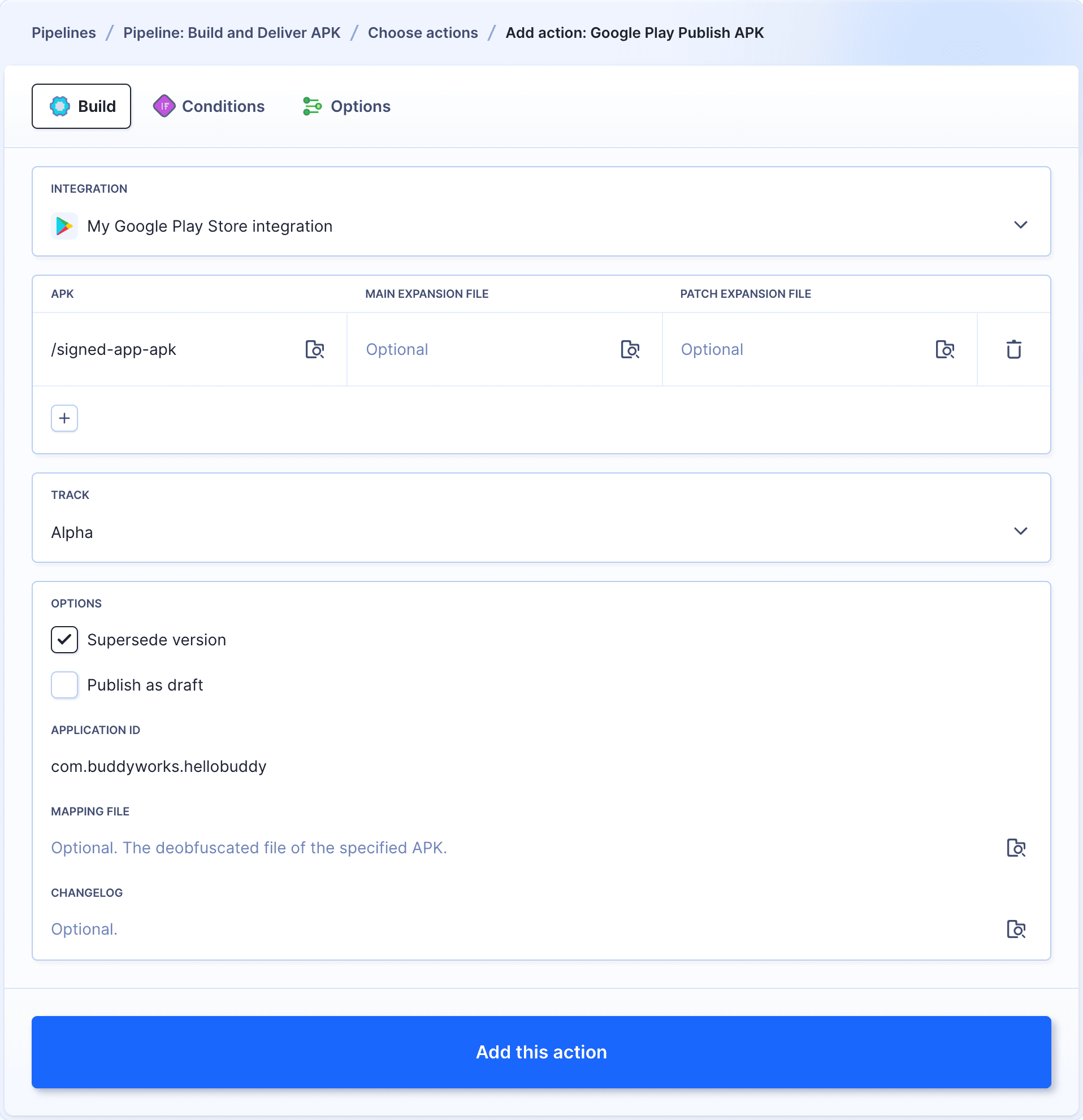 Google Play Publish APK action configuration