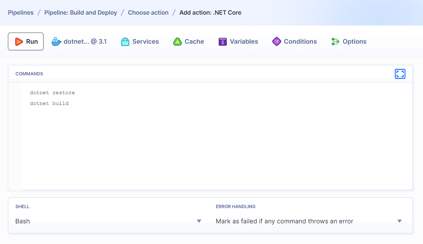 .NET Core action build commands console