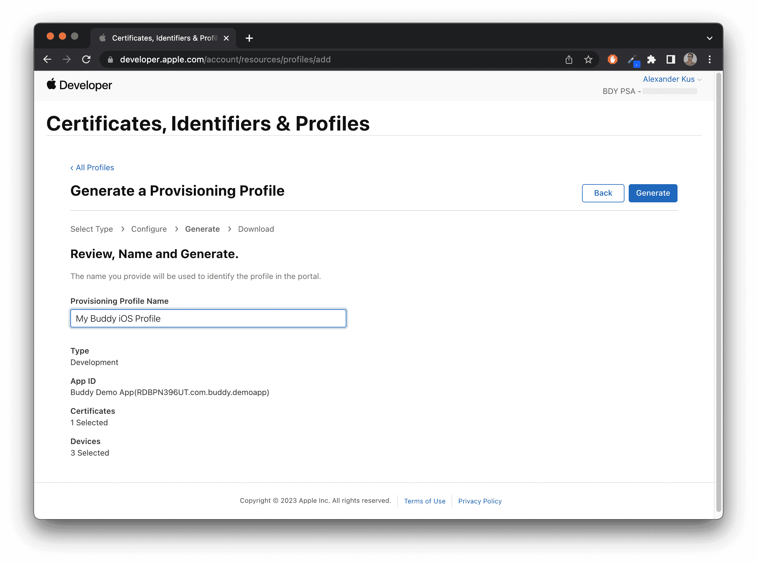 Provisioning profile generation view