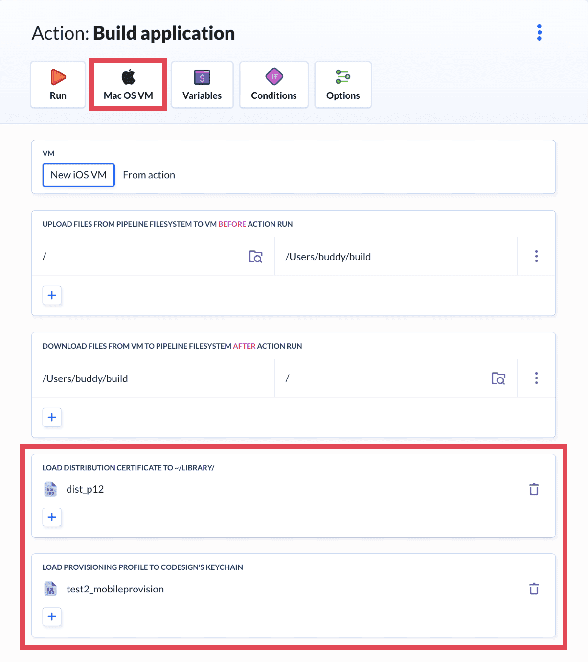 VM settings of iOS build action