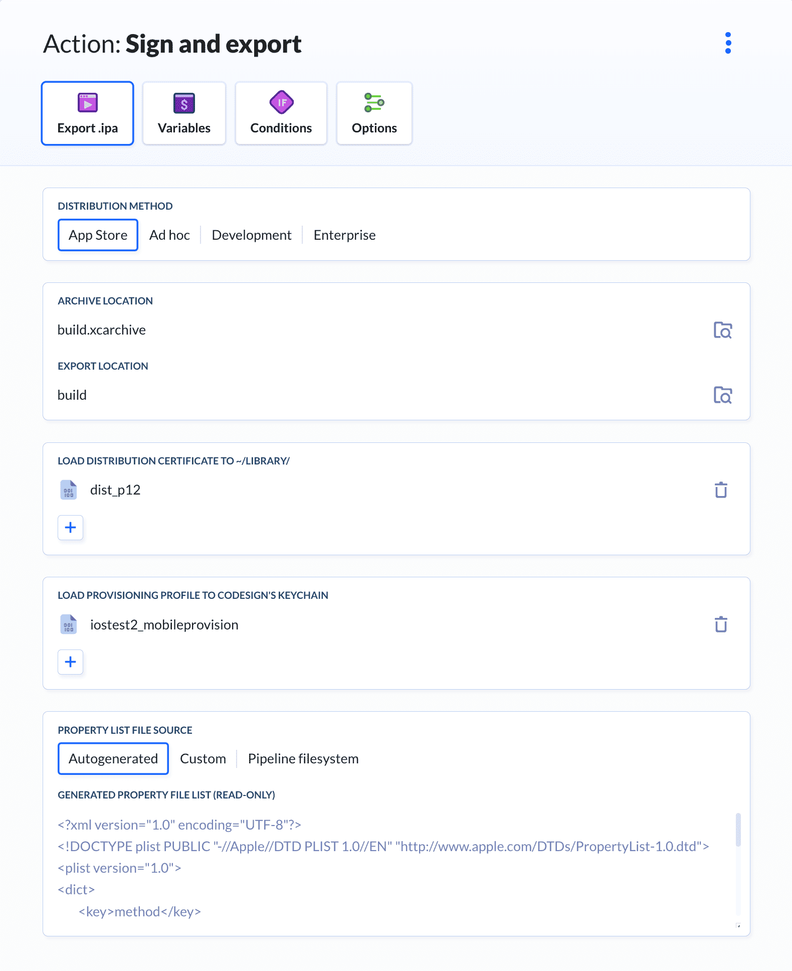 Sign & Export action configuration