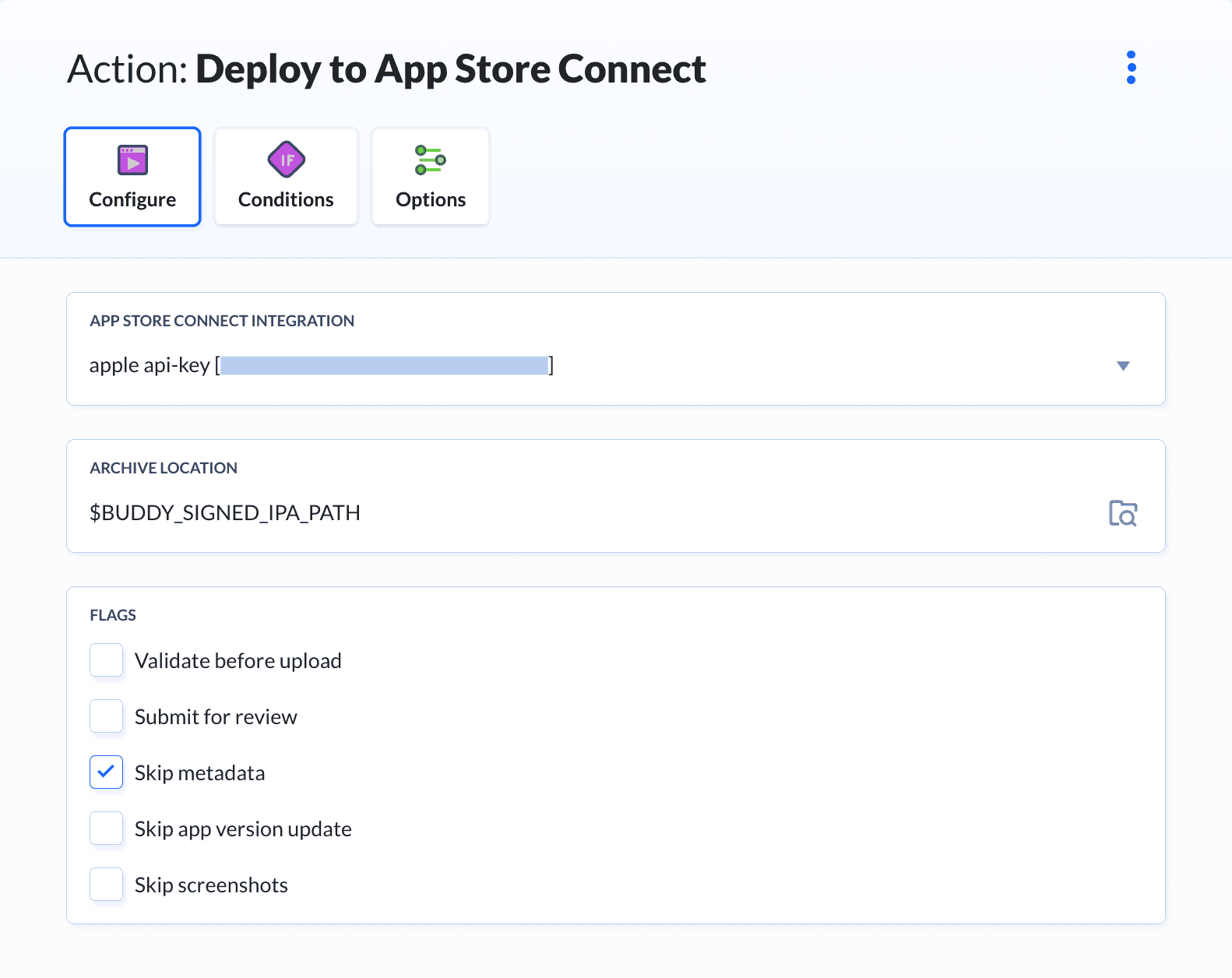 App Store Publish action configuration