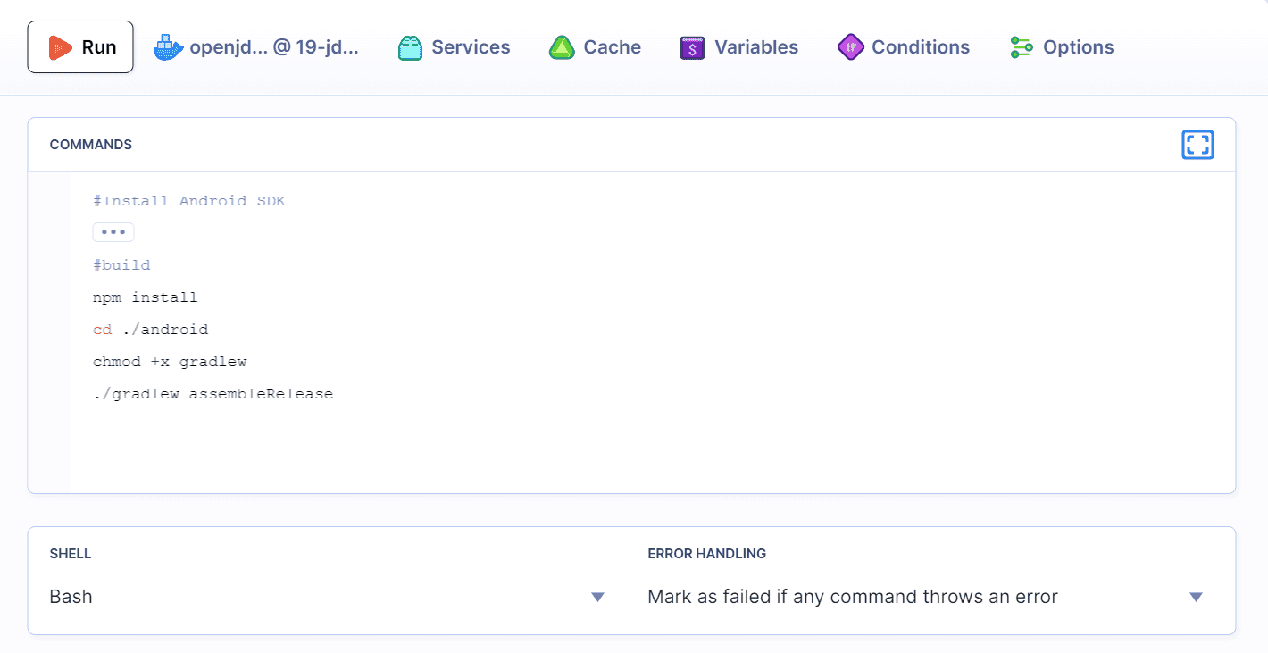 Default React Native action build commands