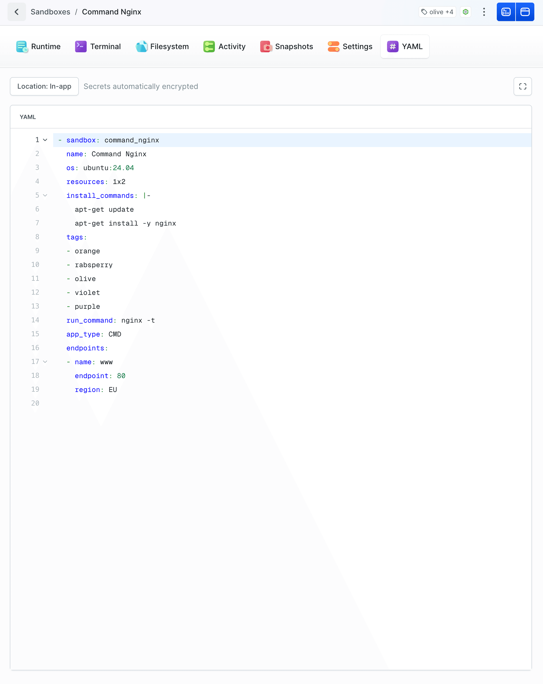 Sandbox YAML example