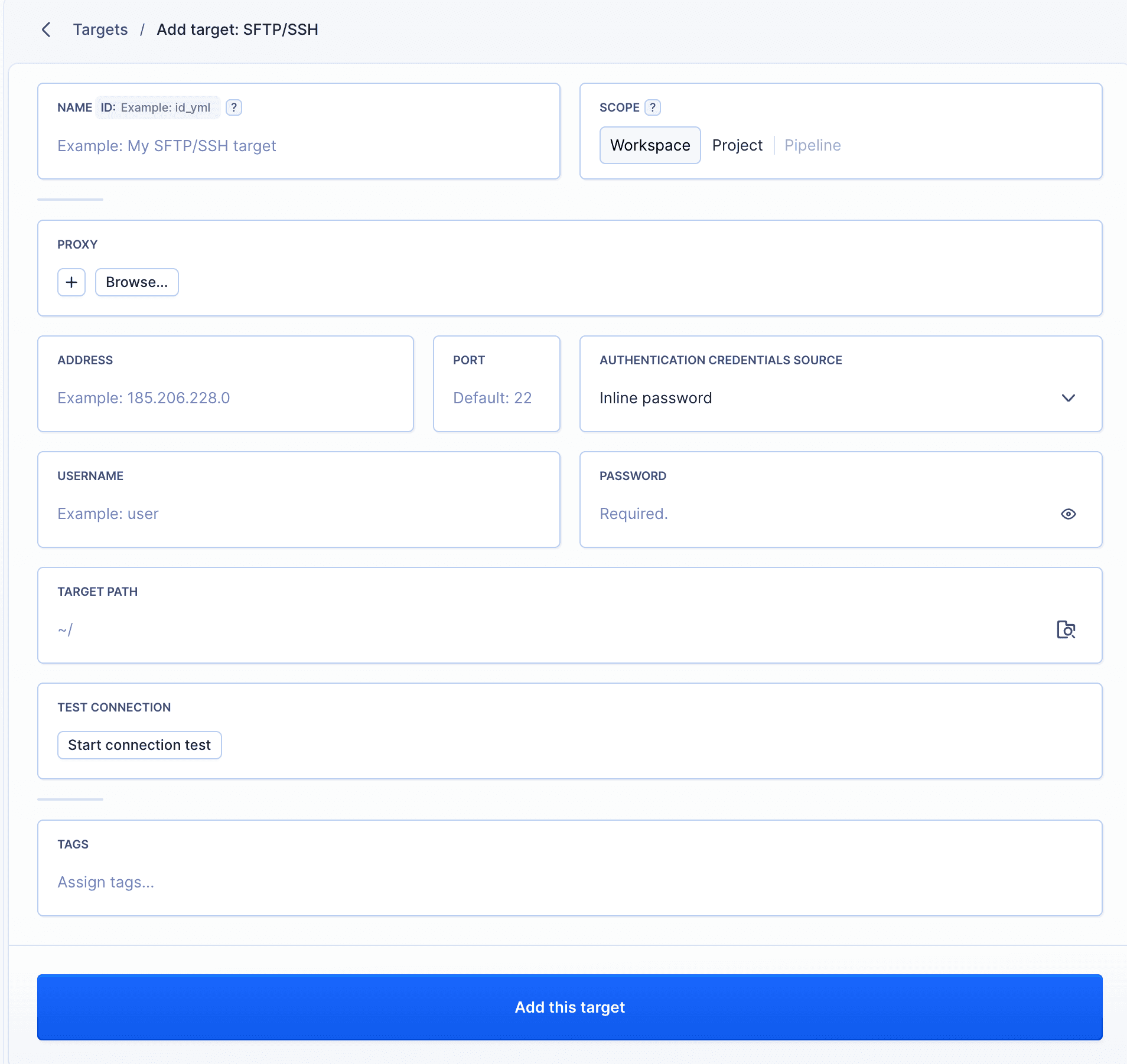 Formularz konfiguracji targetu SFTP/SSH