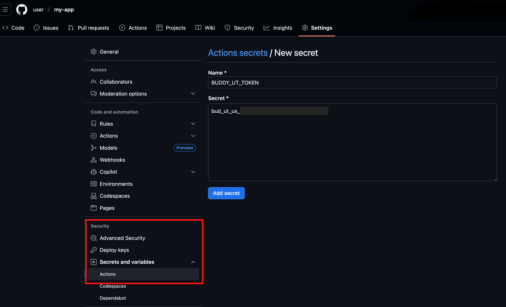 GitHub Actions Secret Configuration