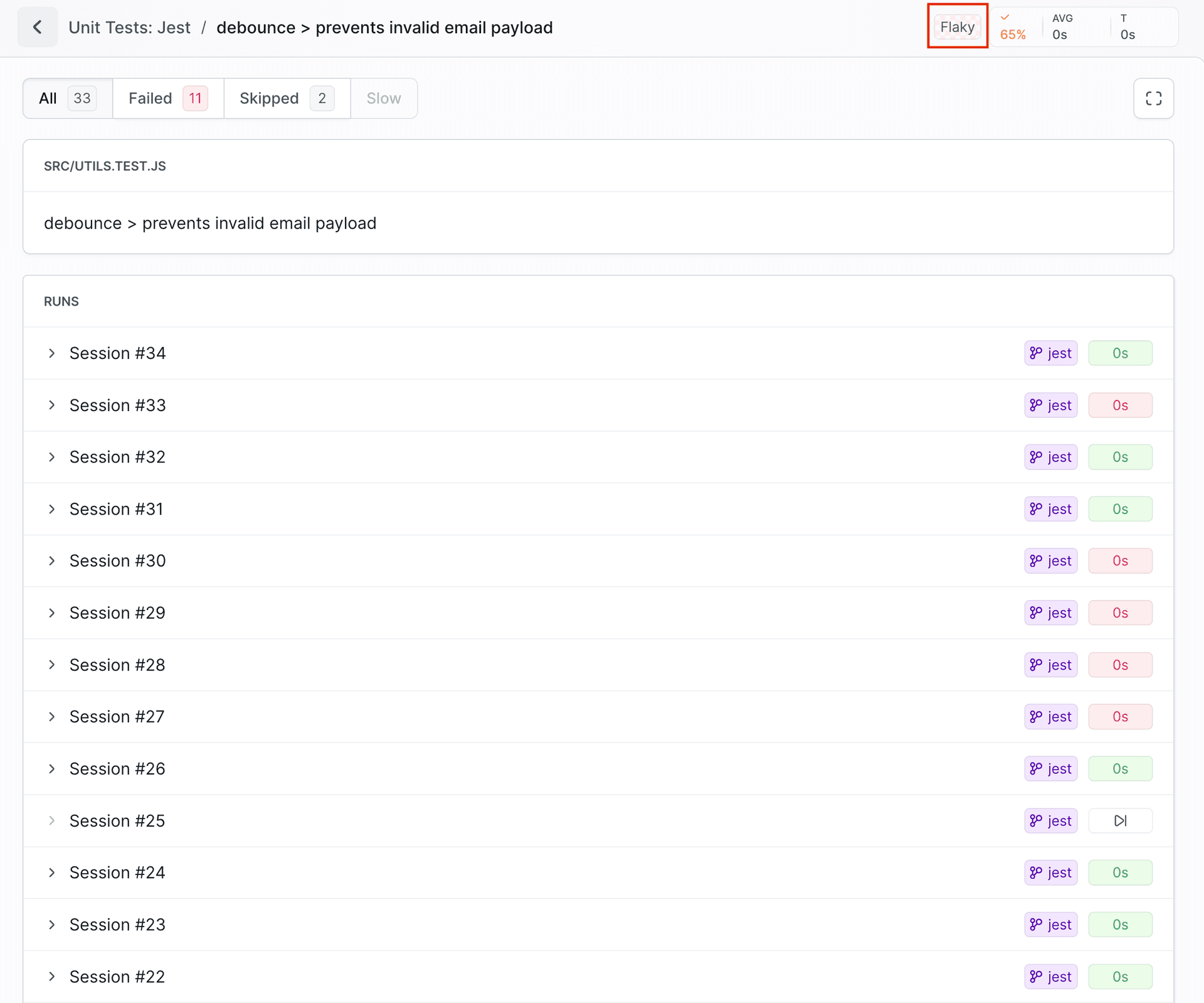 Unit Test Flaky Details View