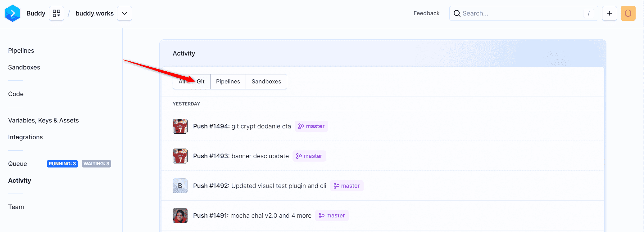 Global activity stream restricted to Git events