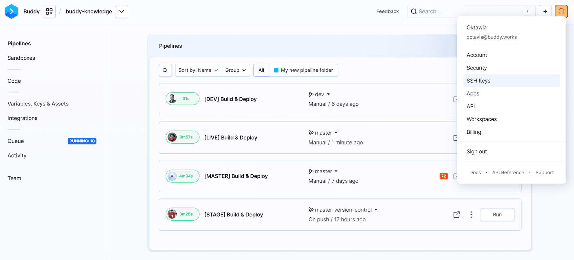 SSH Keys option on the profile dropdown menu