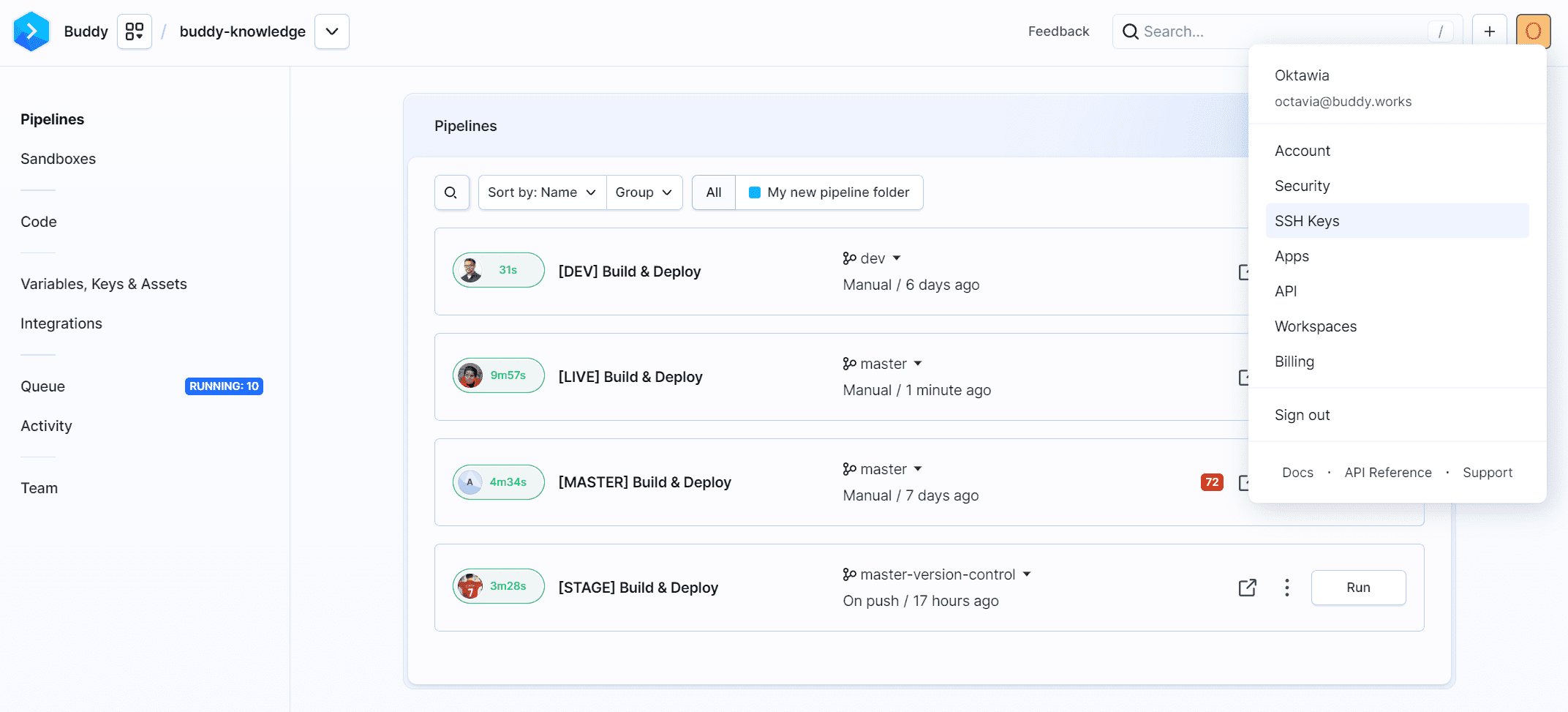 SSH Keys option on the profile dropdown menu