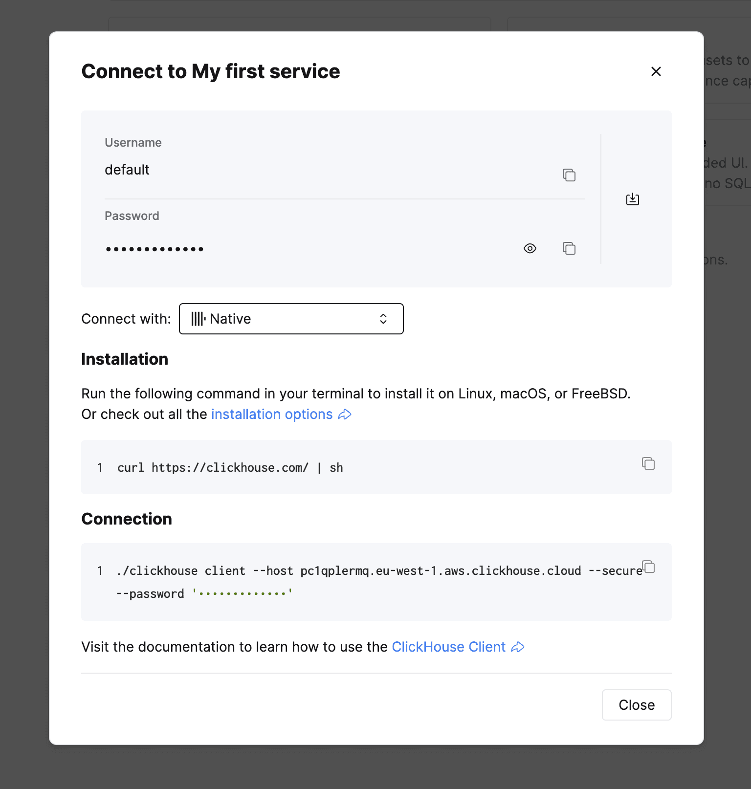 ClickHouse Cloud Connect dialog switched to Native