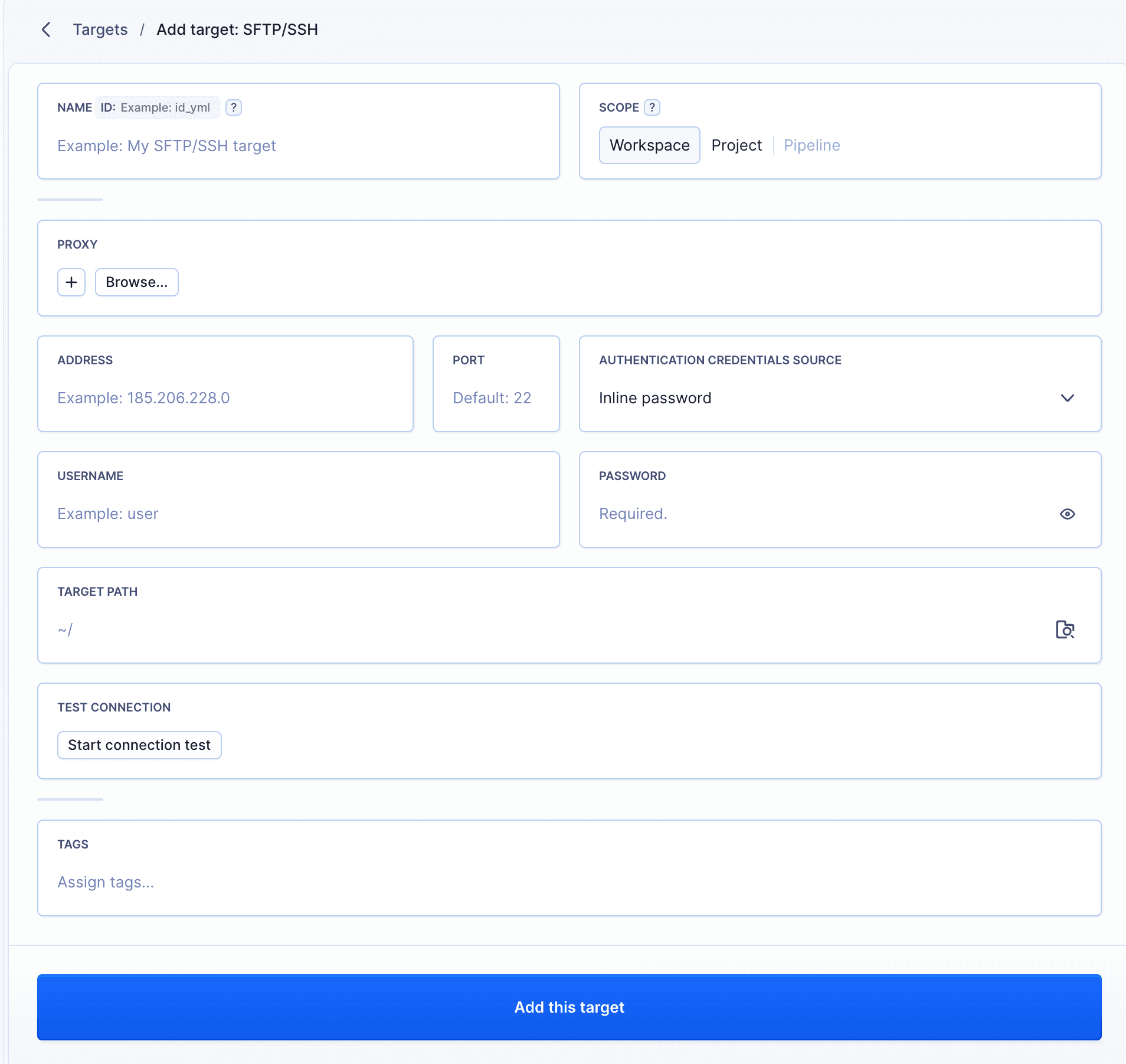 SFTP/SSH target configuration form