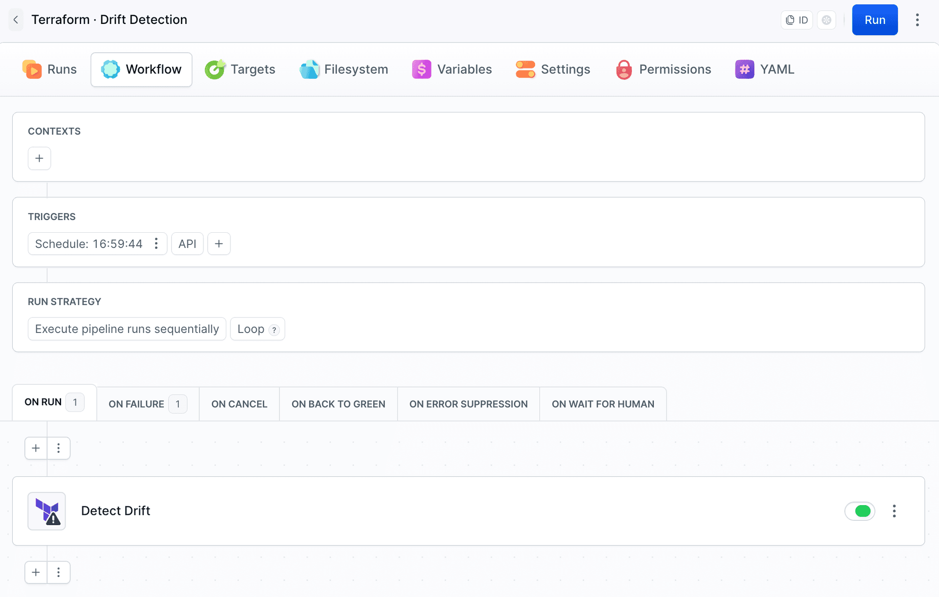 Scheduled drift check pipeline with an On Failure notification